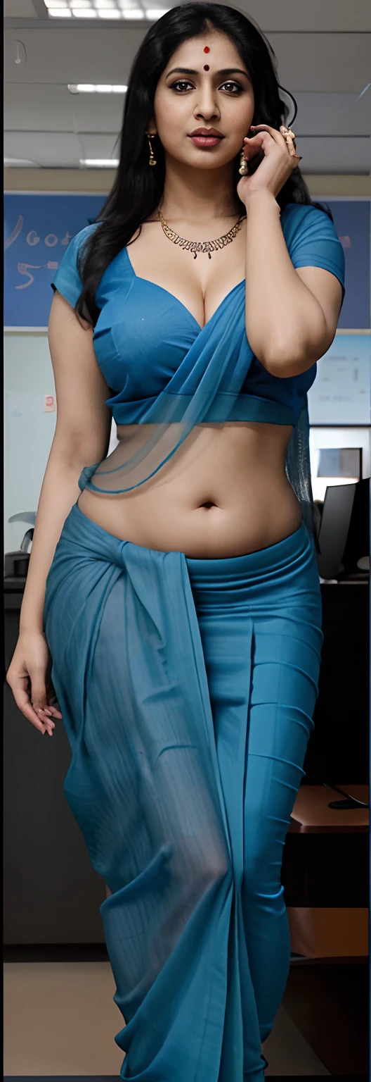 Make it real, realistic, savita bhabhi, deep navel, curvy body, blue sari, blue blouse, long black hair, talking on phone, in office background