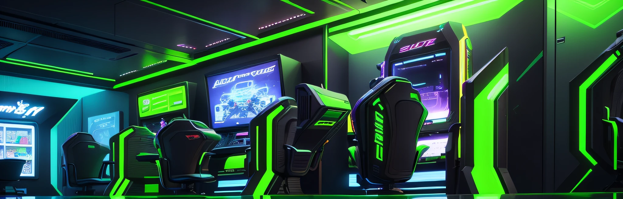 an futuristic gamehouse, black and green neon colors