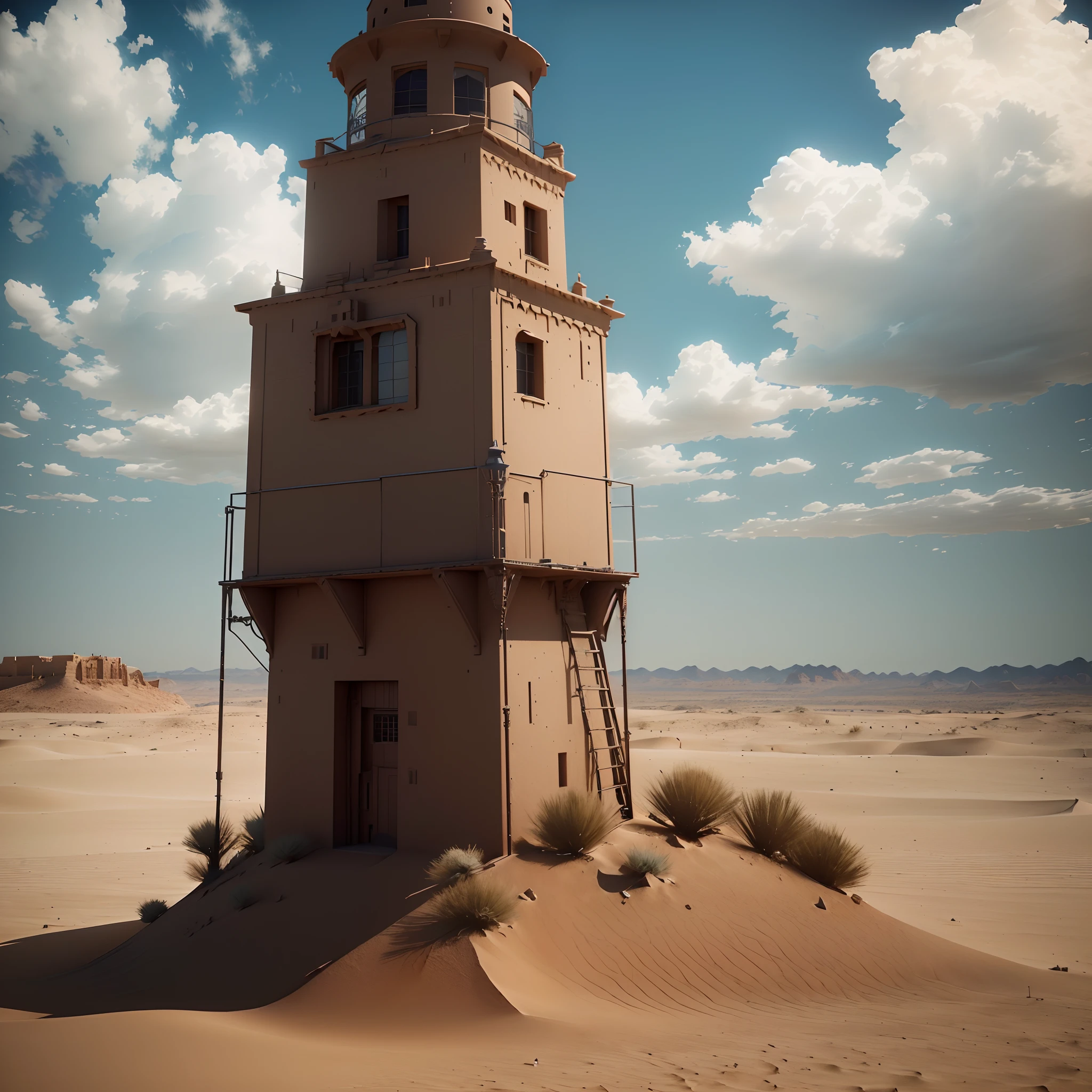 there is a tall tower with a clock on top of it in the desert, lighthouse in the desert, ancient epic tower in the desert, old cgi 3 d rendered bryce 3 d, somewhere in sands of the desert, rendered in 3 dsmax, rendered in unreal engine 3d, rendered in vray, stylized 3d render, stylized as a 3d render