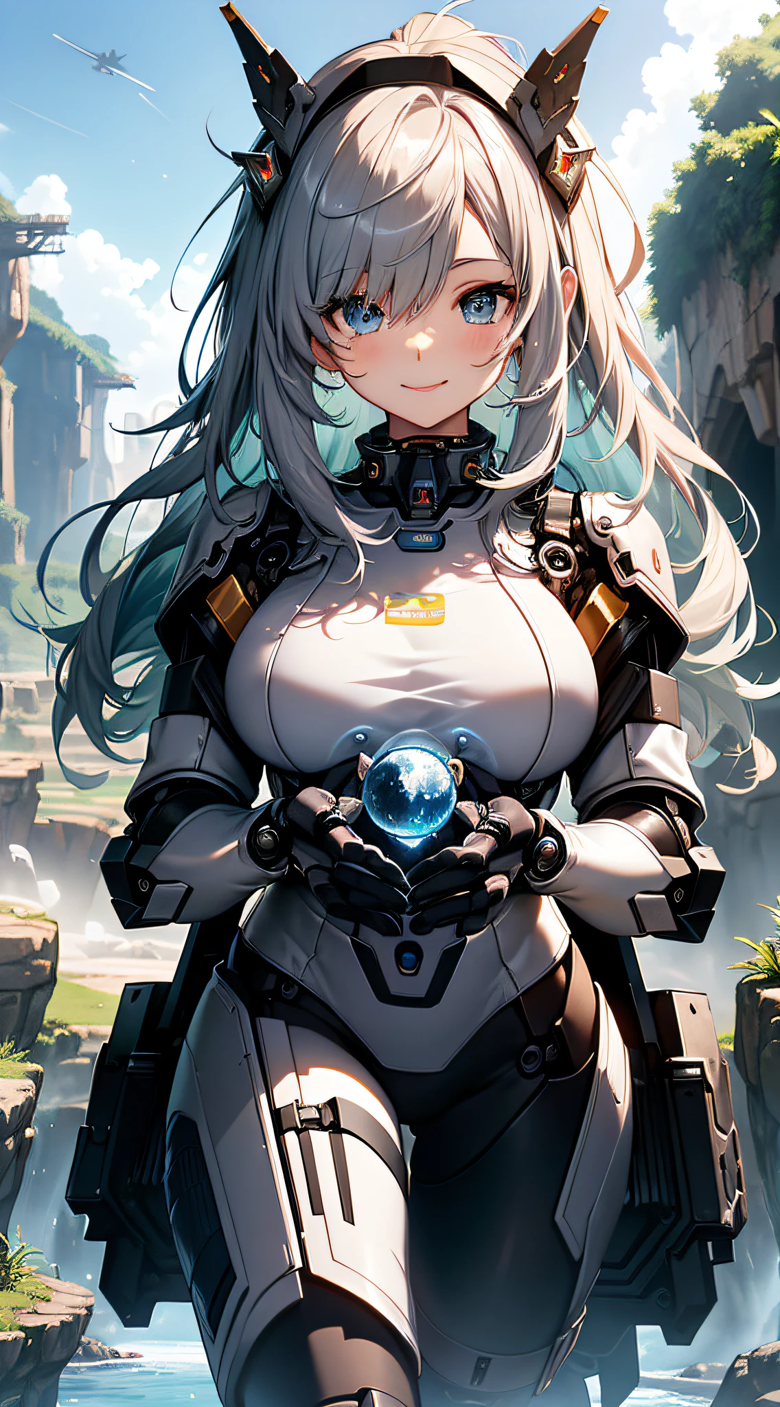 top-quality、Top image quality、​masterpiece、Mecha Girl((18year old、Black and gray mechanical parts、Robot joints,Black tights,Bust 100、silber hair、Fly towards the viewer、Breasts wide open,Large valleys、Reaching out、Blue eyes、Smiling face、Dye cheeks、sweating)）hiquality、depth of fields、Background with((World of the Apocalypse))、Depth((planet earth))