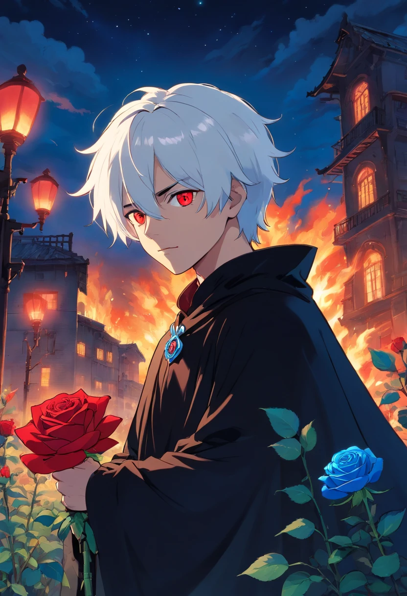 A young man with white hair and red eyes in a black outfit with a white cape with blue details holding a blue rose in his hand in a field of red roses at night in front of a burning building