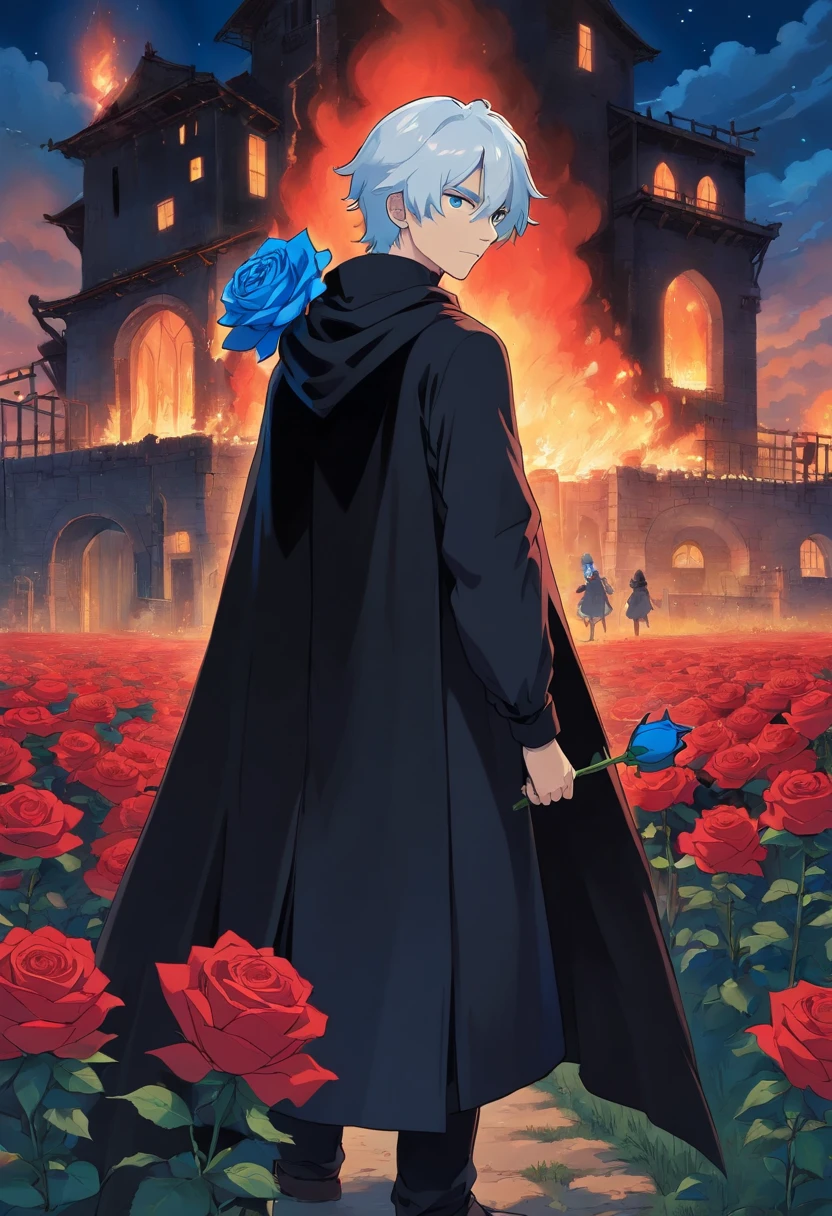 A young man with white hair and red eyes in a black outfit with a white cape with blue details holding a blue rose in his hand in a field of red roses at night in front of a burning building