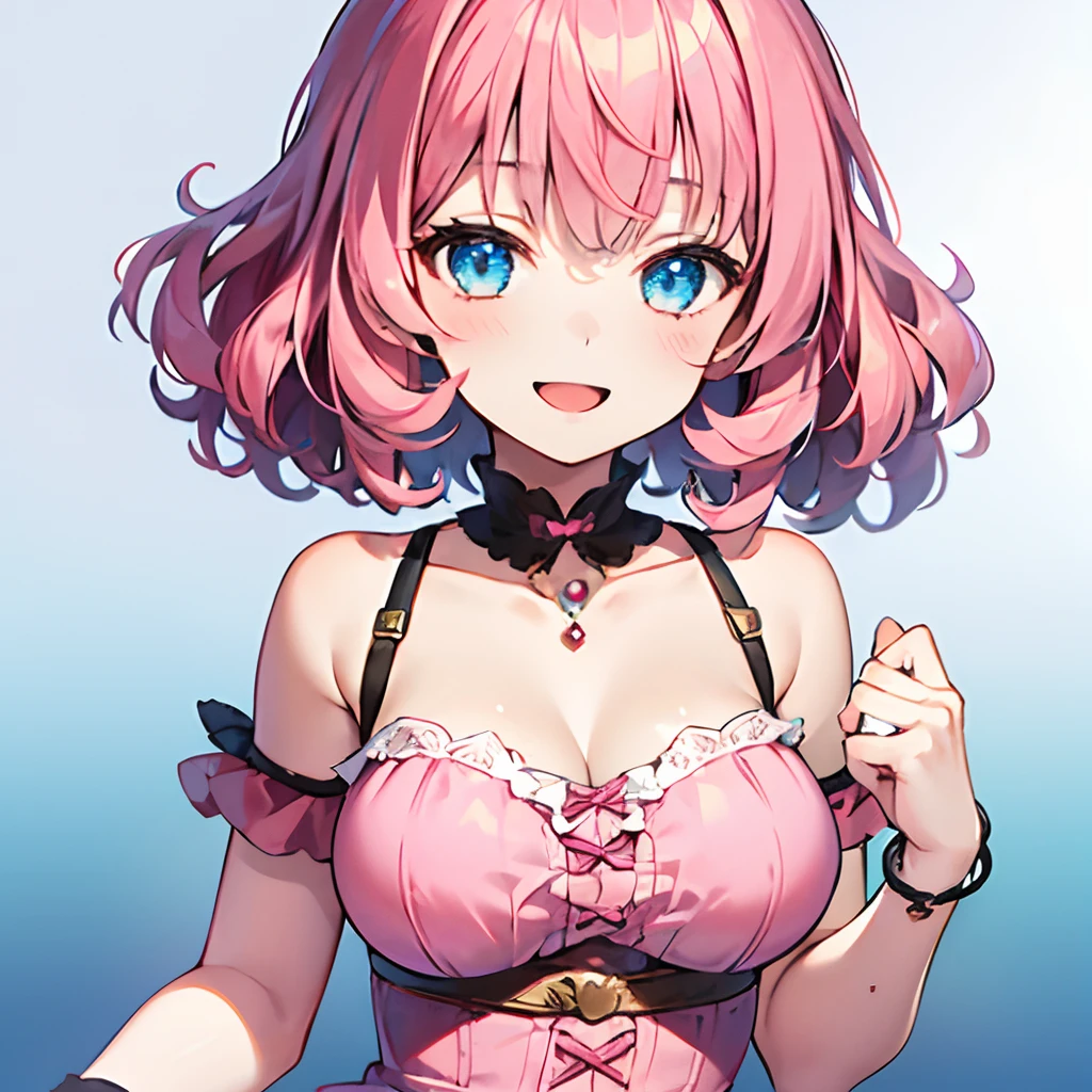 (Masterpiece:1.2), (The best quality:1.2), Perfect lighting, beautiful girl, perfect girl, hands hidden, pink magician girl, touching her pink hair, floating pink hair, floating in the air, big tits, neckline, create a magic background using shades of pink purple and blue. She comes out of a magical heart shaped Portal1.1.