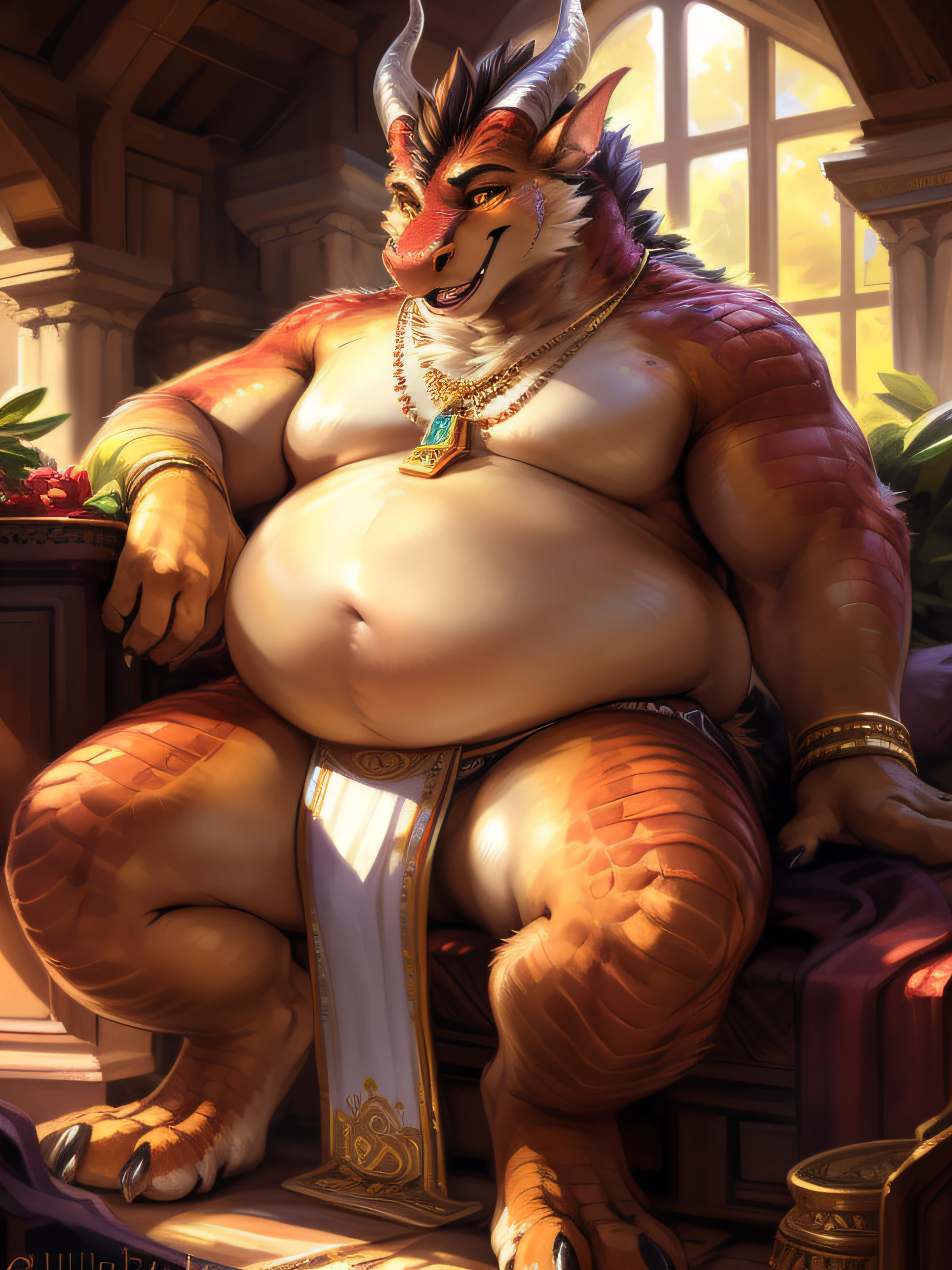 (author:Hioshiro and Kenket and Dimwitdog, Michael & Inessa Garmash, ruanjia, pino daeni, Chunie), Hyper-Obese, Unimaginably Obese. Extremely chubby face, faat cheeks, Solo, anthro, Male, (red dragon), detailed hard scales cover body, ((intricate detail scale texture)), legs spread extremely wide, Horns, (golden eyes) , Black thick eyebrows, unique scale pattern ((wears)), digigrade, (Tail), Handsome, Cinematic, Solo, extremely hyper-obese, ((insanely obese))) top, Fat Upper Pubic Area (shaded), (Detailed eyes):1.2, ((busts)), Hyper-Obese,Extremely articulate and detailed fat rolls. Sensual,Shirtless,blue fundoshi,Religious motifs,Gold necklace with gemstone pendant,mysterious smile
