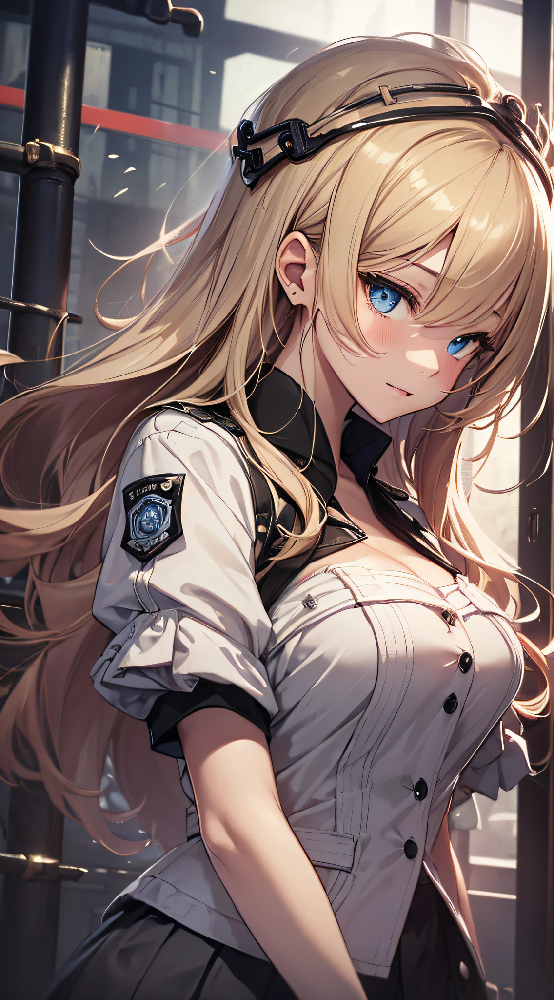 alisa reinford,side ponytail,sen3alisa,scrunchie,choker,white jacket,white dress,red belt,indoor room,light smile,(large breasts:1.5),shiny,hair,((solo)),((masterpiece)),((best quality)),perfect anatomy,slim waist,perfect image,8k UHD,(beautiful detailed eyes:1.5),extremely detailed face,standing,(upper body:1.1),(look at the front:1.1),arms behindback,ultra-detailed,absurdres,highres,(shiny hair),(red eyes),blonde hair,cleavage,