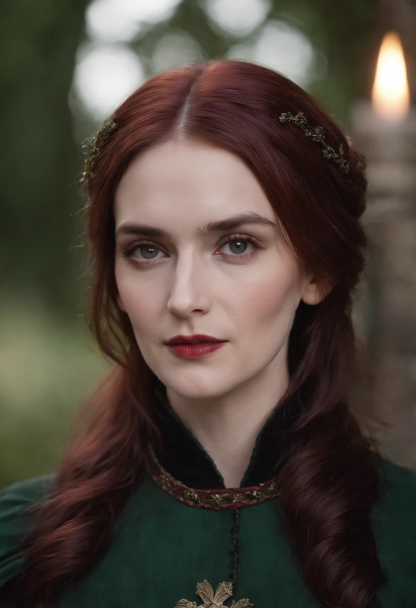 (((a deep reddish wound crosses her left cheek))) fair complexion, winona ryder, natural white hair, distinctive green eyes, wearing kohl, slender and graceful, beautiful, candlelight in a medieval setting, ultra sharp focus, realistic shot, medieval female clothes, tetradic colors (scar:1.4)