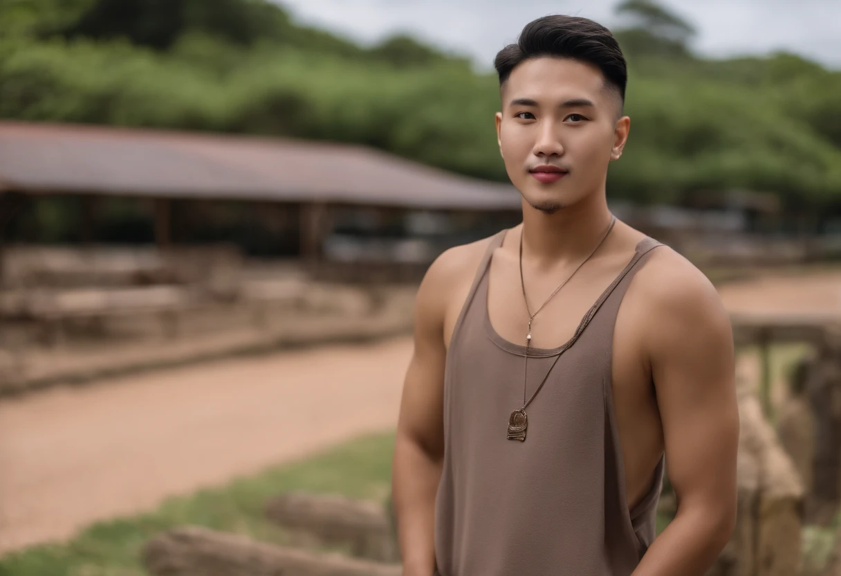 Photo of a 20-year-old korean-brazilian olive-skinned, a few chubby guy with short, salon-cut hair, nose piercing, short mustache and goatee. He manages a shy smile. He wears a brown beret and red overalls, with no shirt. Ibirapuera Park in the background of the photo. Realistic colors, ambient lighting, shot in 2023., ::n_bad anatomy, mutation, mutilation, deformity, poorly drawn, extra arms, extra legs, missing arms, missing legs, mutated hands, mutated feet, fused fingers, extra fingers, long neck, disfigured features, gross proportions, asymmetrical, blurry, ugly, extra eye, missing eye, deformed skull, malformed limbs, mutated mouth, missing teeth, extra teeth, malformed teeth, gross, disgusting, deformed spine, distorted bones, missing bones, out of frame, low resolution, low quality, normal quality, jpeg artifacts, signature, watermark, username, text, error, missing components, extra components, cropped, worst quality, low-res, bad proportions