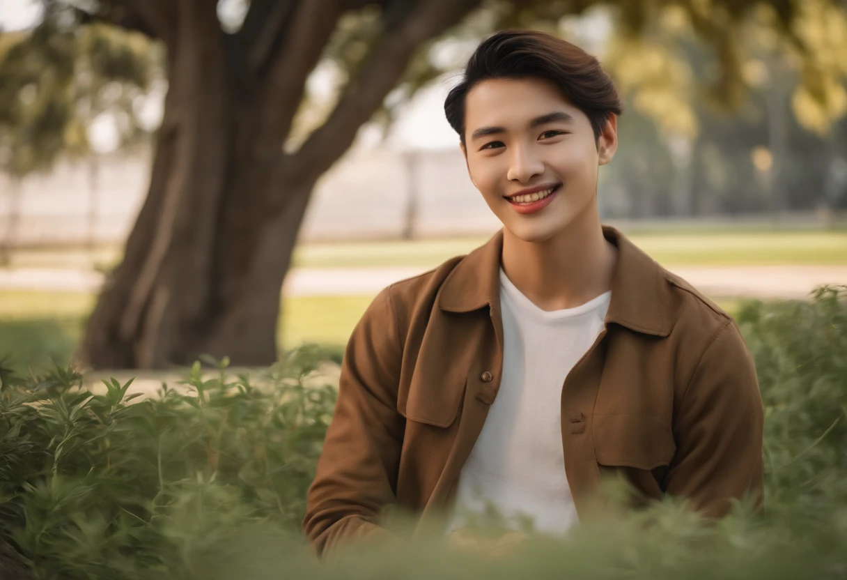 Photo of a 20-year-old korean-brazilian olive-skinned, a few chubby guy with short, salon-cut hair, nose piercing, short mustache and goatee. He manages a shy smile. He wears a brown beret and red overalls, with no shirt. Ibirapuera Park in the background of the photo. Realistic colors, ambient lighting, shot in 2023., ::n_bad anatomy, mutation, mutilation, deformity, poorly drawn, extra arms, extra legs, missing arms, missing legs, mutated hands, mutated feet, fused fingers, extra fingers, long neck, disfigured features, gross proportions, asymmetrical, blurry, ugly, extra eye, missing eye, deformed skull, malformed limbs, mutated mouth, missing teeth, extra teeth, malformed teeth, gross, disgusting, deformed spine, distorted bones, missing bones, out of frame, low resolution, low quality, normal quality, jpeg artifacts, signature, watermark, username, text, error, missing components, extra components, cropped, worst quality, low-res, bad proportions