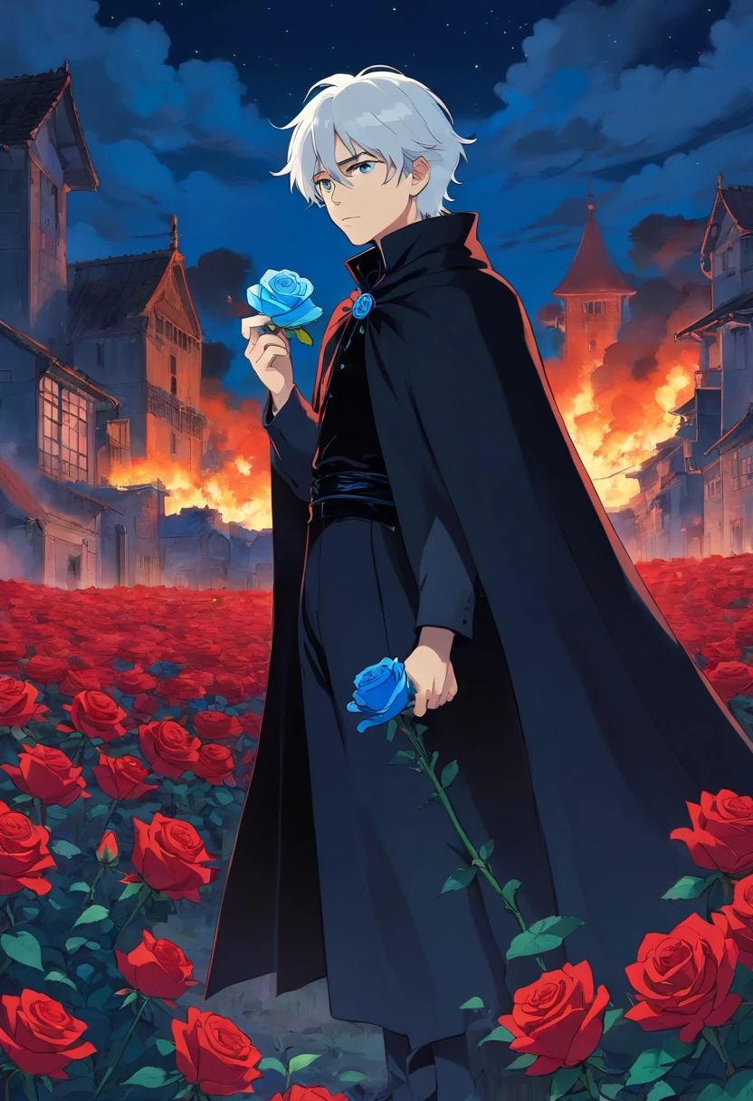 A young man with white hair and red eyes in a black outfit with a white cape with blue details holding a blue rose in his left hand in a field of red roses at night in front of a burning building