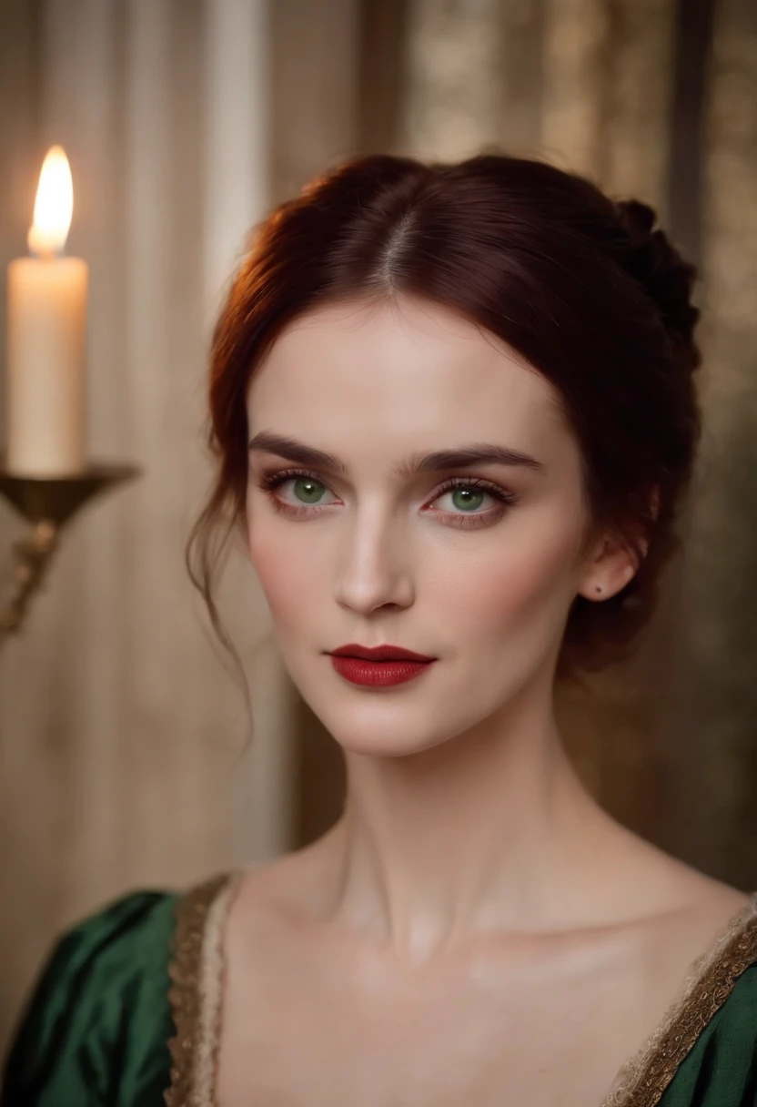 (((a deep reddish wound crosses her left cheek))) fair complexion, winona ryder, high bunned hair, distinctive green eyes, wearing kohl, slender and graceful, beautiful, candlelight in a medieval setting, ultra sharp focus, realistic shot, medieval female clothes, tetradic colors (scar:1.4)