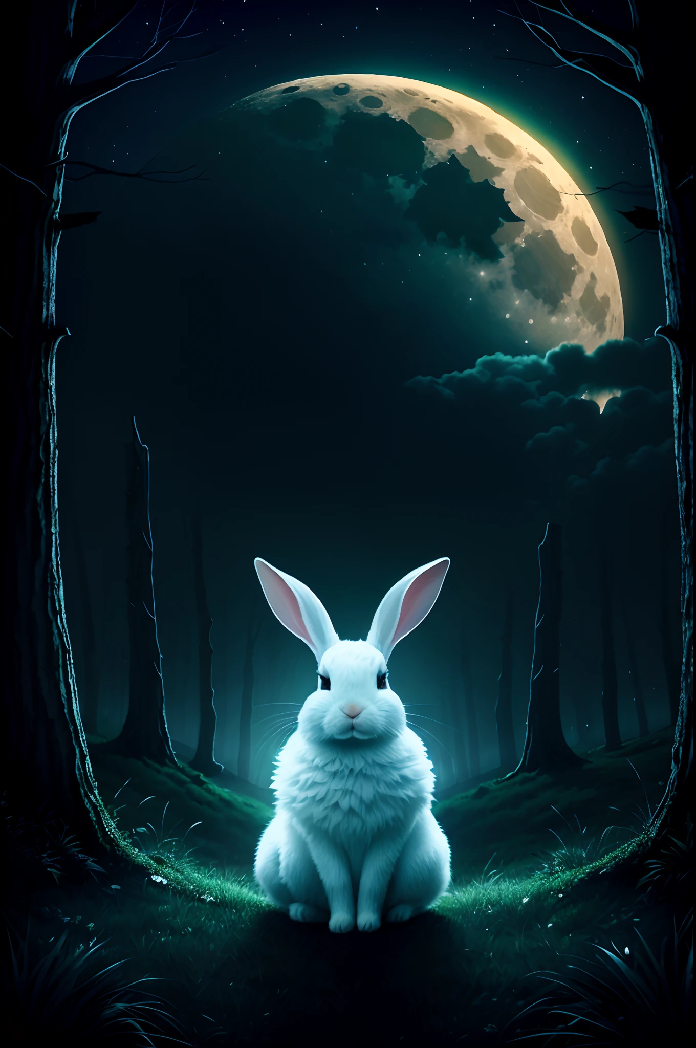 adorable rabbit，super high image quality，themoon，the woods，grassy fields，a warm color palette，smog，the night