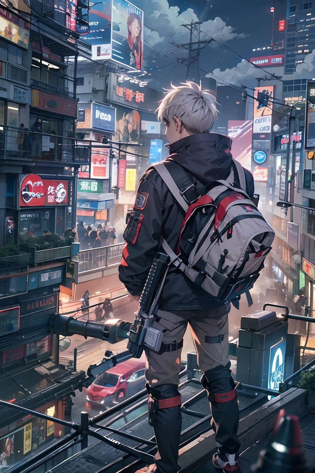 1boy,(15 years old boy:1.5)、Anime-style protagonist、Cyberpunk Boy、silber hair、Spiky hairstyle、machine gun、Japan sword on the back、Whole body bloody、Looking at the camera、Upper body only shots、Overhead view of the composition、The beginning of the adventure、Lots of clouds,heavy fog、Moon,Lightning、Chaotic city of the future、Movie dystopia、A group of very tall skyscrapers stands in the center、Very complex cityscape,Crowded Chinese skyscrapers、Tall radio tower、Trees、street signs、streetlights、taxis、buses、Train、Warm lighting,Dark road、puddles、Chaotic、Beautiful and fantastic scenery、Cinematic scenery、hightquality、masutepiece,in 8K、hight resolution、