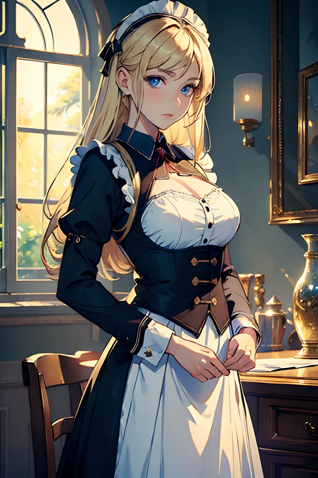 ((((masterpiece)))), high quality, very_high_resolution, large_filesize, full color, beauty, a beautifull women, use sewing machine, waer maid uniform, blonde hair, blue eye, masterpiece, best quality, detailed skin, detailed eyes,8k, good shading, beautiful strokes, detailed background, good anatomy 40k, photography, masterpiece, best quality