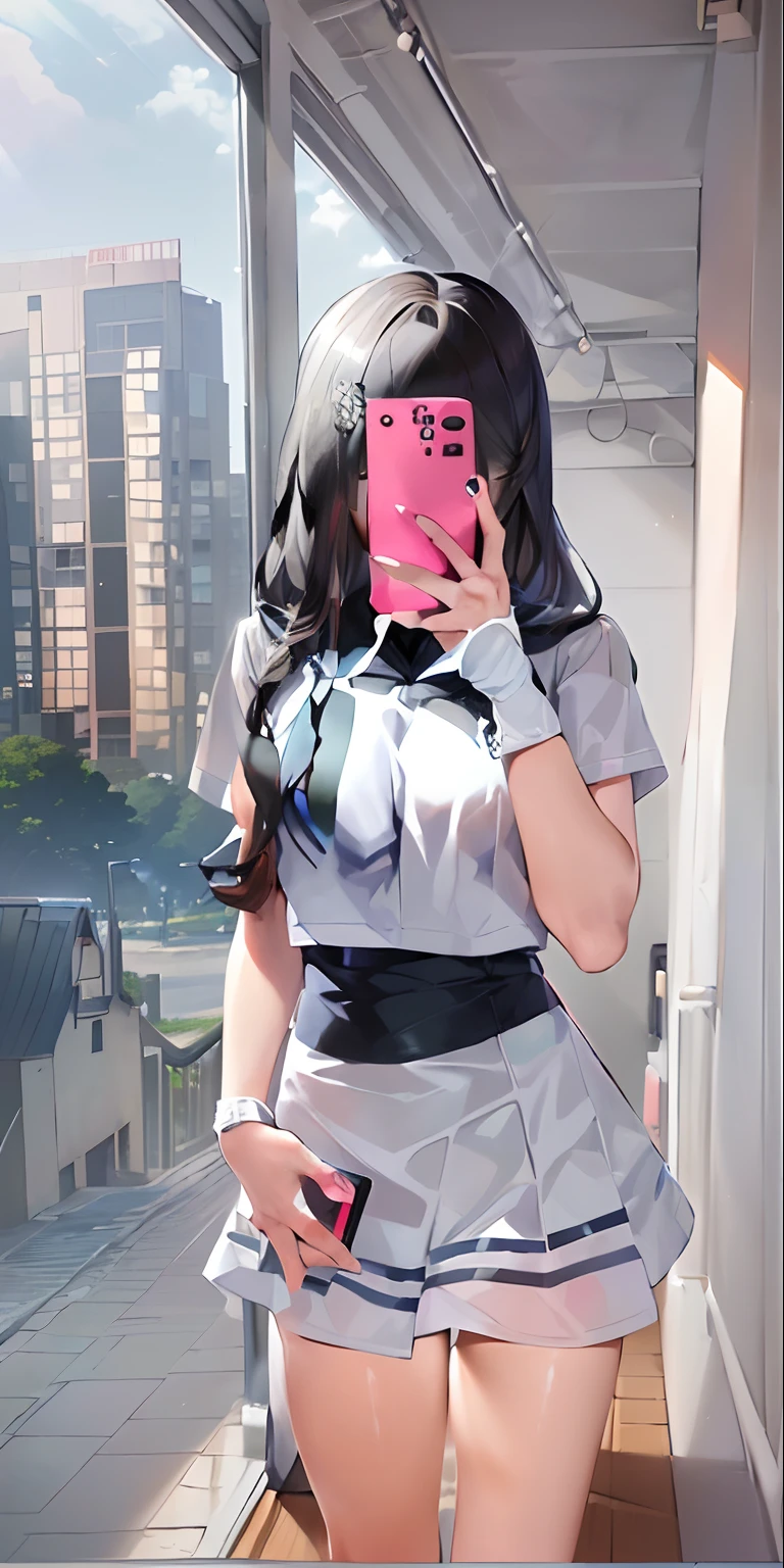 Arad woman in white uniform taking a selfie with her mobile phone, smooth white tight clothes suit, Anime girl cosplay, JK school uniform, Sailor uniform, girl in uniform, loose coat collar sailor uniform, White uniform, wearing two - piece swimsuit, japanese girl school uniform, Magical school student uniform, Open V chest clothes, cutecore, Japanese school uniform