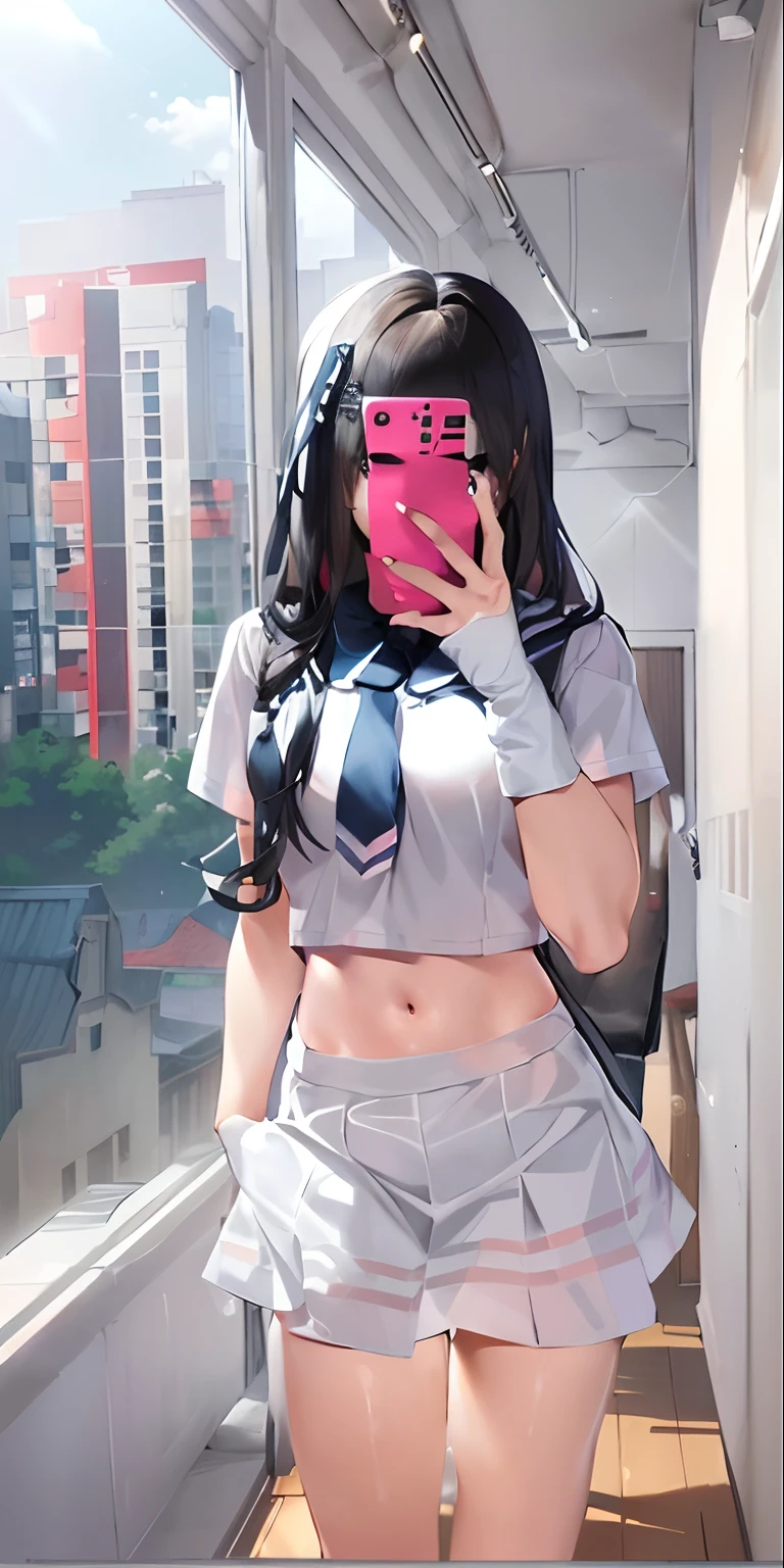 Arad woman in white uniform taking a selfie with her mobile phone, smooth white tight clothes suit, Anime girl cosplay, JK school uniform, Sailor uniform, girl in uniform, loose coat collar sailor uniform, White uniform, wearing two - piece swimsuit, japanese girl school uniform, Magical school student uniform, Open V chest clothes, cutecore, Japanese school uniform