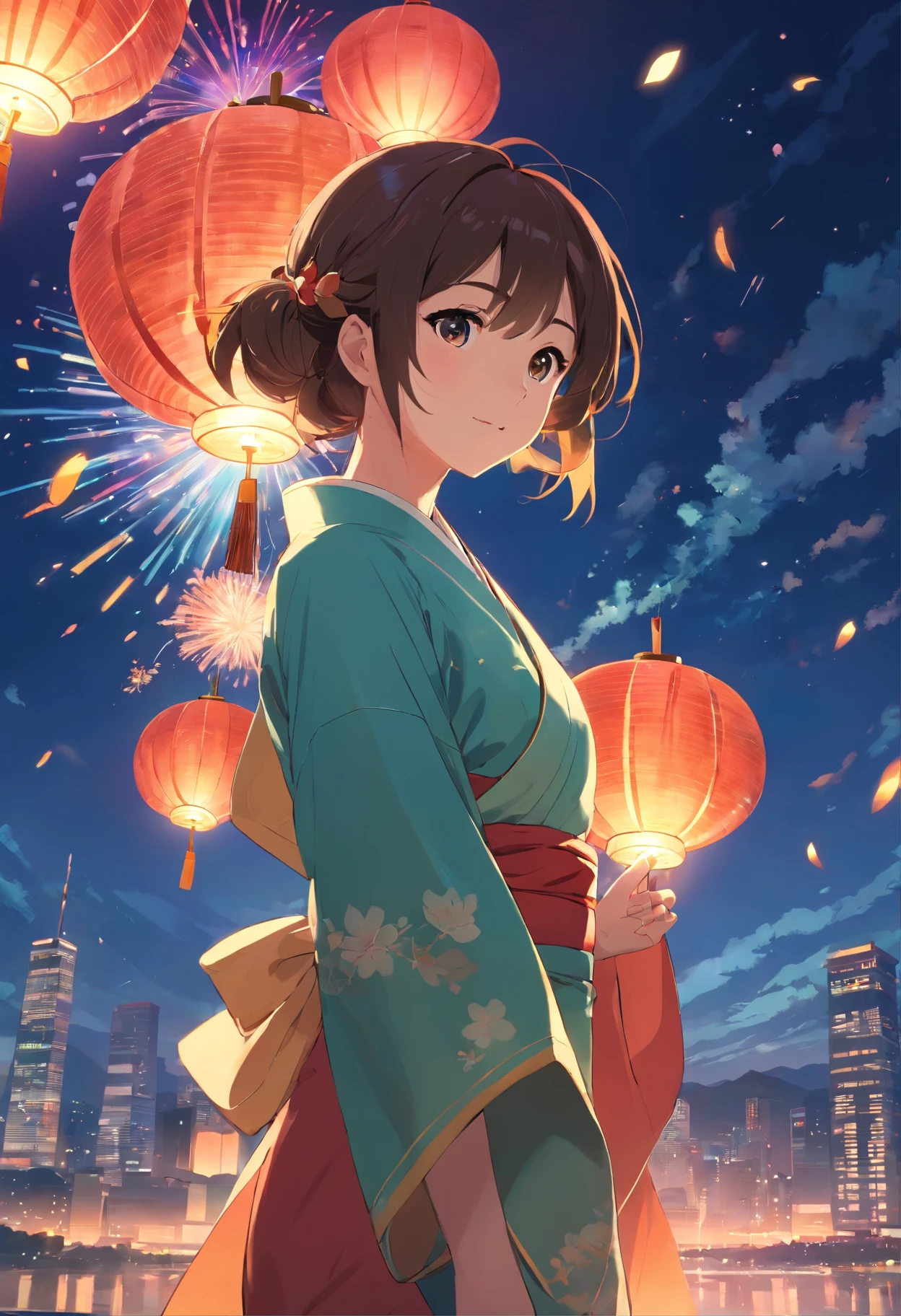 tmasterpiece,best qualtiy,cinematic Film still from,1girl,girl,Floating in the sky,closeup cleavage,brightly,cheerfulness,Warm and soft lighting,themoon,(spark of light:0.7),Hanfu,Eat mooncakes,edgBunny,lanterns,fire works