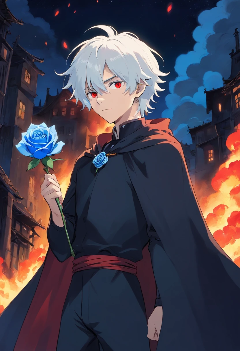 A young man with white hair and red eyes in a black outfit with a white cape with blue details holding a blue rose in his left hand at night in front of a burning building