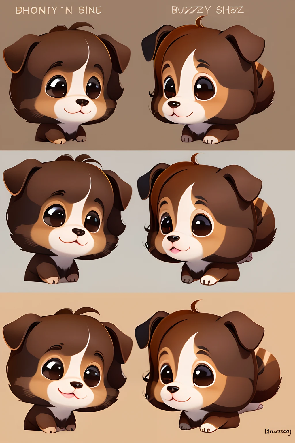 A little cute brown dog name Buzzy, character sheet, differentangle, multiple expression, in the style of Cartoonish illustrations