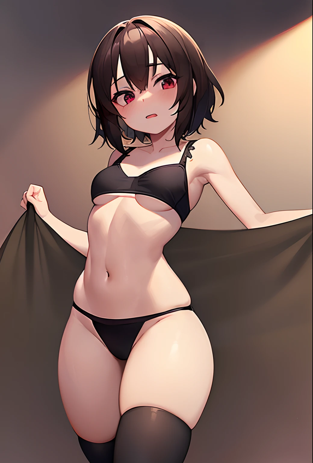 (beste-Qualit, 8K, 12), 1 girl, megumin, Short Hair, brown hair, little chest, the perfect body, ultra detail face, detailed lips, Slender Eyes, gown, stands, enticing, Excited, convex areolas, steam, From Bottom, (small boobs), ((thick thighs)), ((((black panties and bra)))), black tights