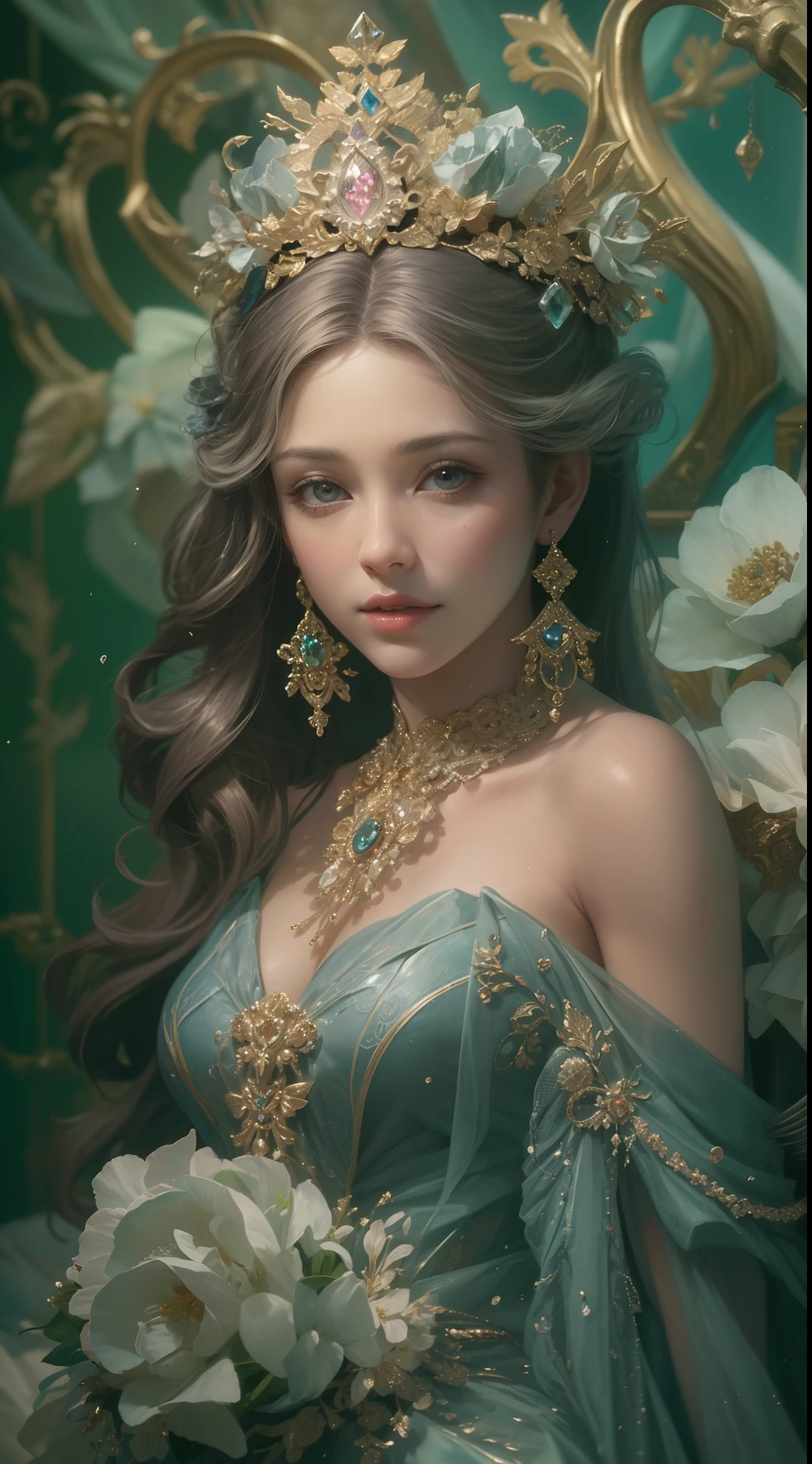 (Best quality,8K,A high resolution,Masterpiece:1.2),Ultra-detailed,(Realistic,Photorealistic,photo-realistic:1.37),Portrait,Creative style artwork,Historical,classical,Sophisticated,plethora of colors,Highly detailed,Soft lighting,luxurious environment,detailed gown,Vibrant flowers,detailed jewellery,Ethereal atmosphere,Elegant Pose,Graceful curves,Gold body proportions,Flowing hair,Breathtaking textile patterns,Harsh purple eyes,Delicate floral decoration,A dazzling array of crystal accessories,Mysterious and dreamy atmosphere,Impeccable attention to detail.