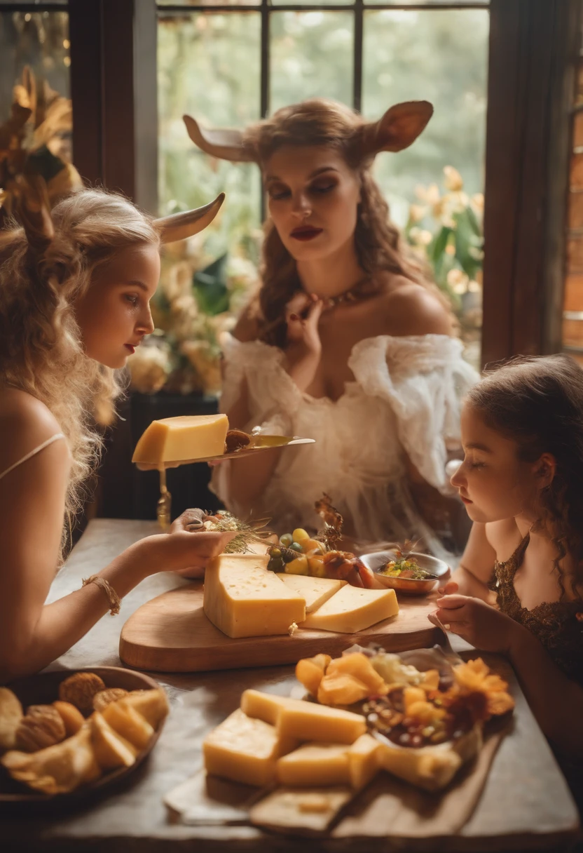 3 girls in costumes, one as a cow, one as a goat and one as a mermaid, eating a cheese board in a restaurant