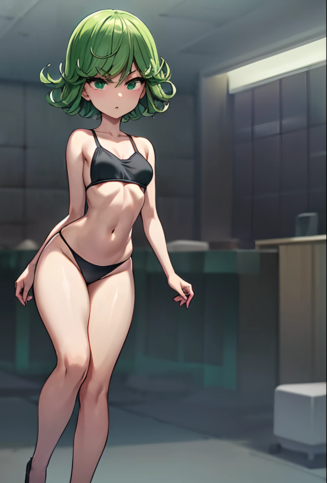 (beste-Qualit, 8K, 12), 1 girl, tatsumaki, Short Hair Hair, green hair, little chest, the perfect body, ultra detail face, detailed lips, Slender Eyes, gown, stands, enticing, Excited, convex areolas, steam, From Bottom, (((very small boobs))), ((masturbating)), ((thick thighs)), spreading legs, ((((black bra and panties))))