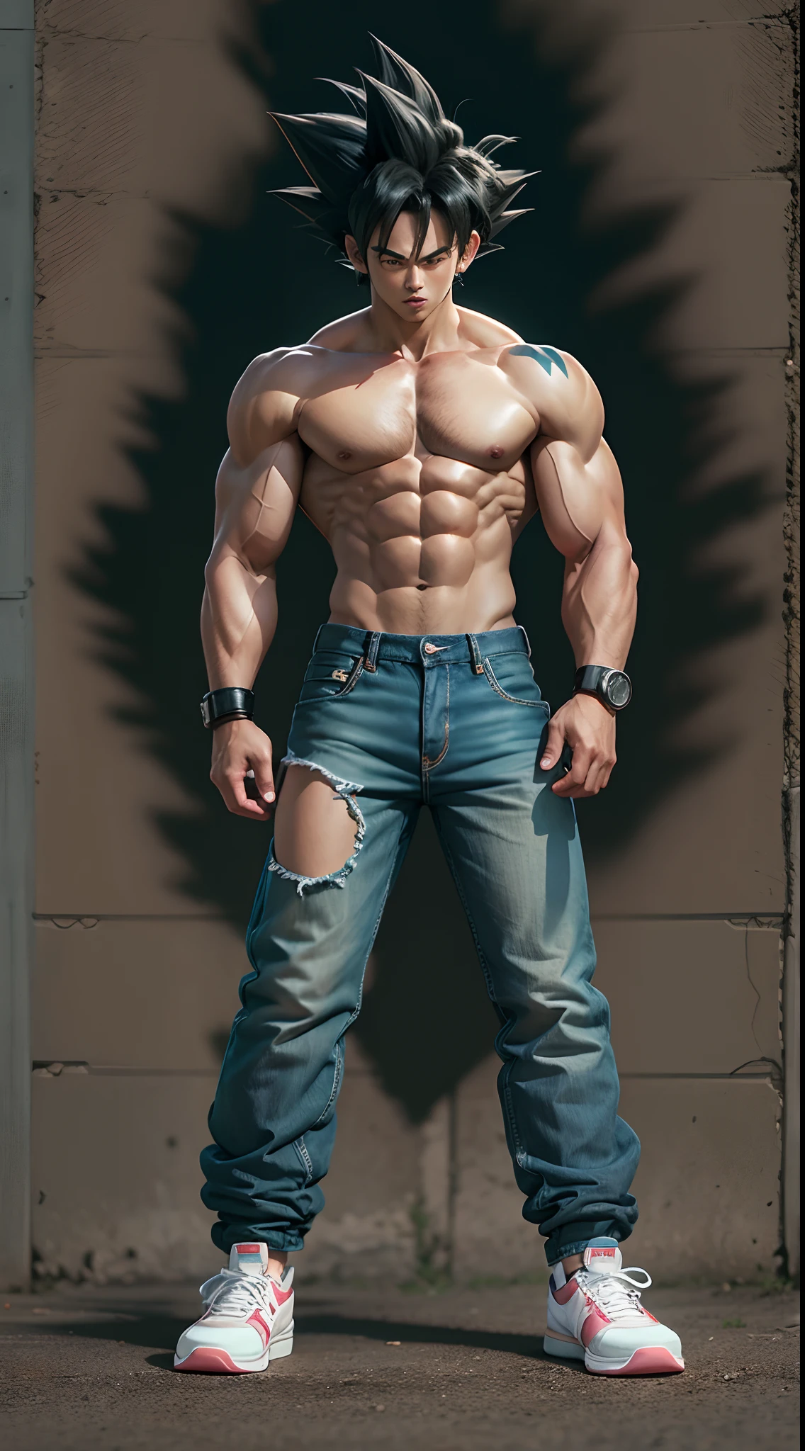 Goku in jeans, sem camisa,sneakers Nike,com a androie 18 com roupa sexy, roupa minuscila,foto uhd,Super realistic in a dark gothic abiente.