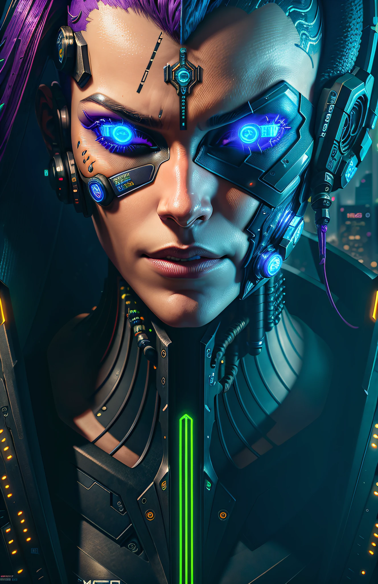 DC photography, cyberpunk biomechanics, detailed face, complex robot, cyberpunk logo, full growth, hyper-realistic, crazy little details, incredibly clean lines, cyberpunk aesthetic, masterpiece featured on Zbrush Central, cyberpunk city backdrop