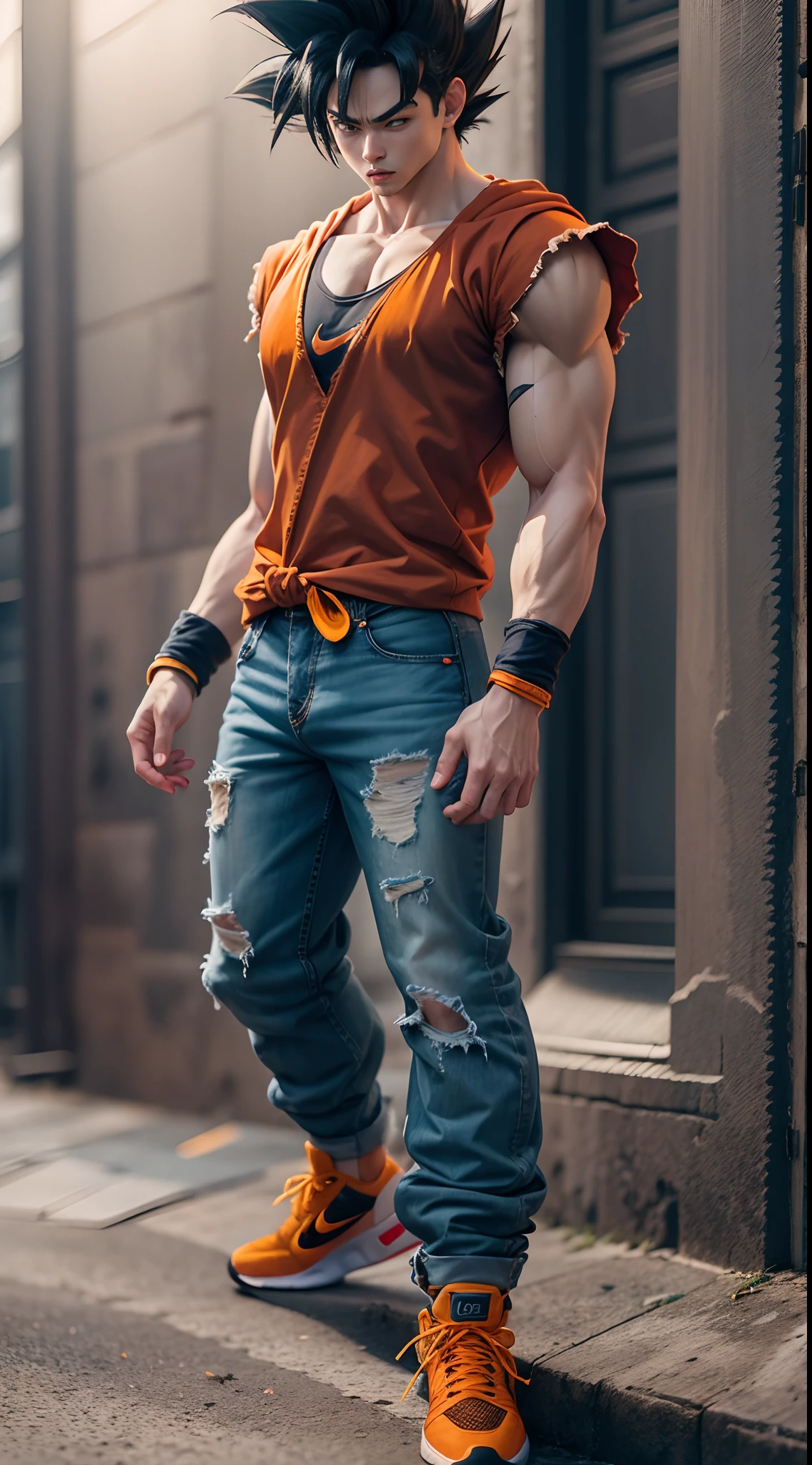 Goku in jeans, sem camisa,sneakers Nike,com a androie 18 com roupa sexy, roupa minuscila,foto uhd,Super realistic in a dark gothic abiente.