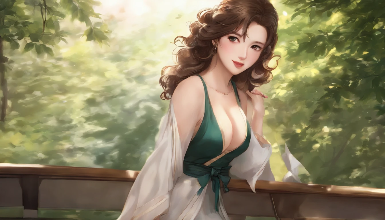 One picture, Sexy big-breasted young woman, 25 age old, Expose cleavage, japanese manga, Two-dimensional painting style, with a pure white background, image size 1280×720, Expose the head and chest, HEIGHT 168CM, the background is clean, The person is fully displayed in the picture, It accounts for one-fourth of the proportion of pictures, anime style, cinematic lighting, masterpiece