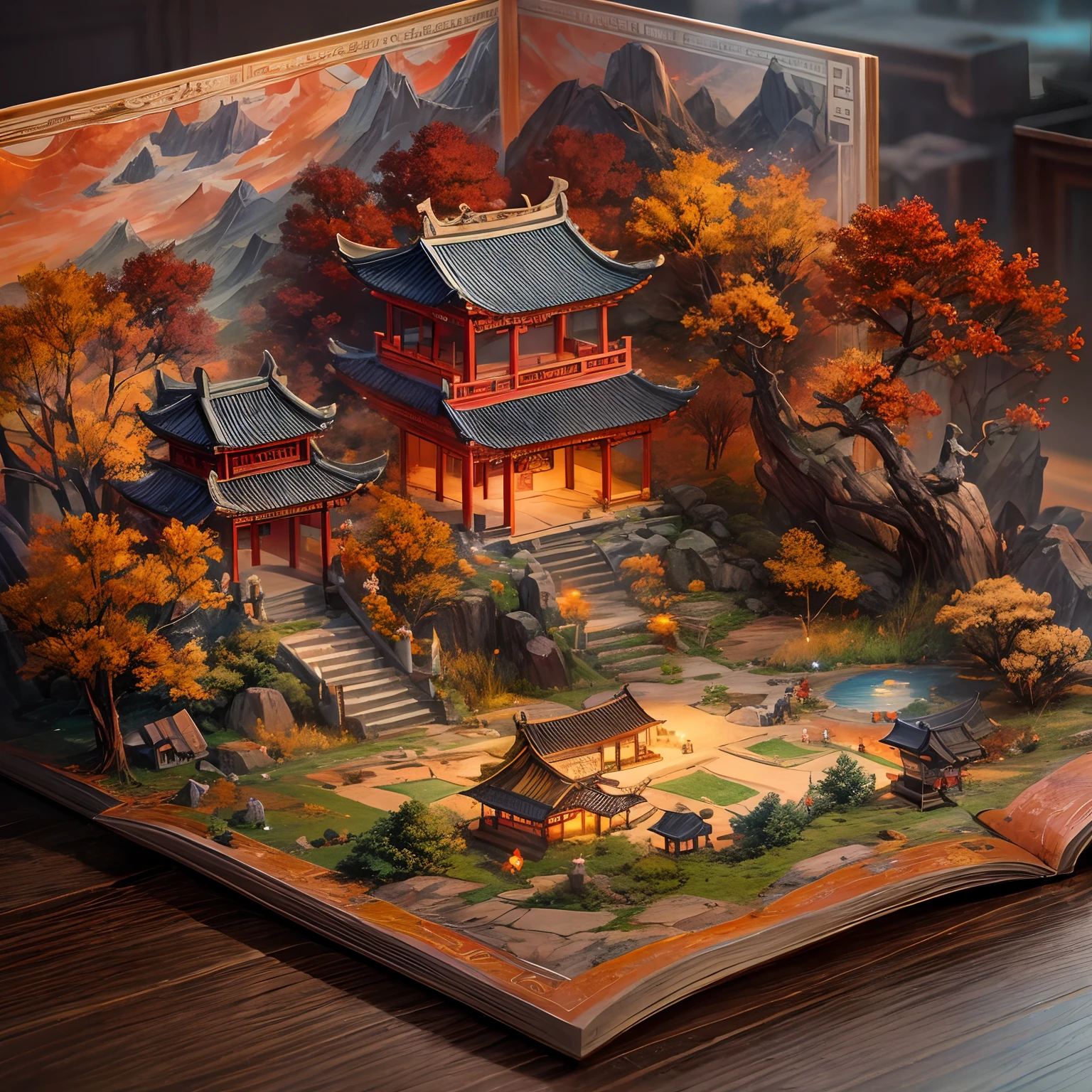 (popup book:1.5),(Chinese landscape),(plethora of colors,Best quality,detail detail,tmasterpiece,folk art,Cinematic lighting effects,4K,Chiaroscuro)