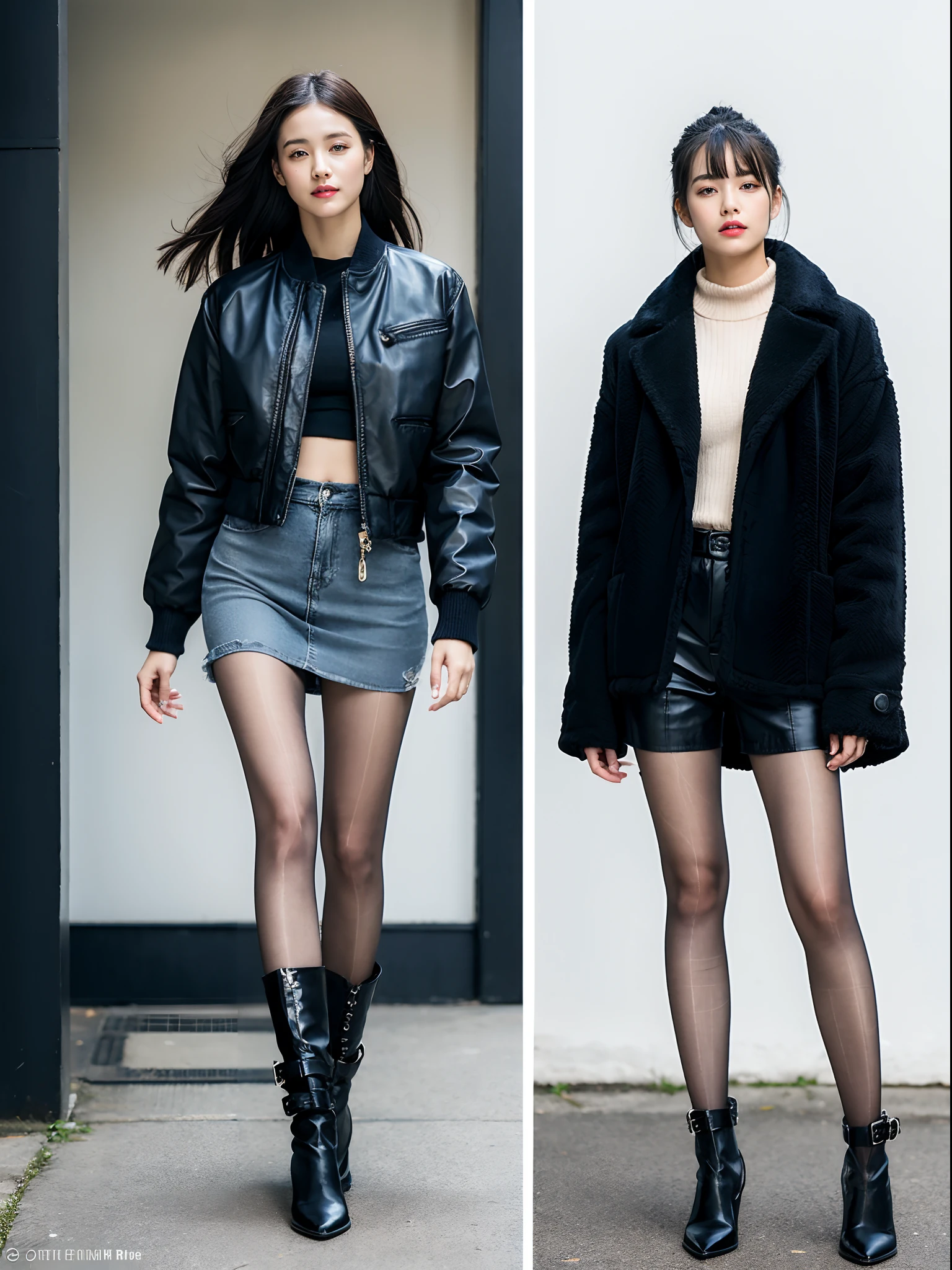 (RAW photo:1.2), (Photorealistic:1.4),Beautiful detailed woman,very detailed eyes and faces, A detailed eye, ultra - detailed, A high resolution, The is very detailed,best qualtiy,illustratio,unified,8k 壁纸,tmasterpiece,best qualtiy,A group of girls stood side by side,full bodyesbian,multipel Girls,Boots,trouser,4girl,cowboys,jaket,black black jacket,denim pant,blackfootwear,jewely,a skirt,long whitr hair,leathers,looking at viewert,brown hair,Over-the-knee boots,耳Nipple Ring,high-heels,jaqueta de couro,Open jacket,The shirt,high heels boots,Open clothes,obi strip,wavey hair,a black skirt,Black color hair,longer sleeves,standing on your feet