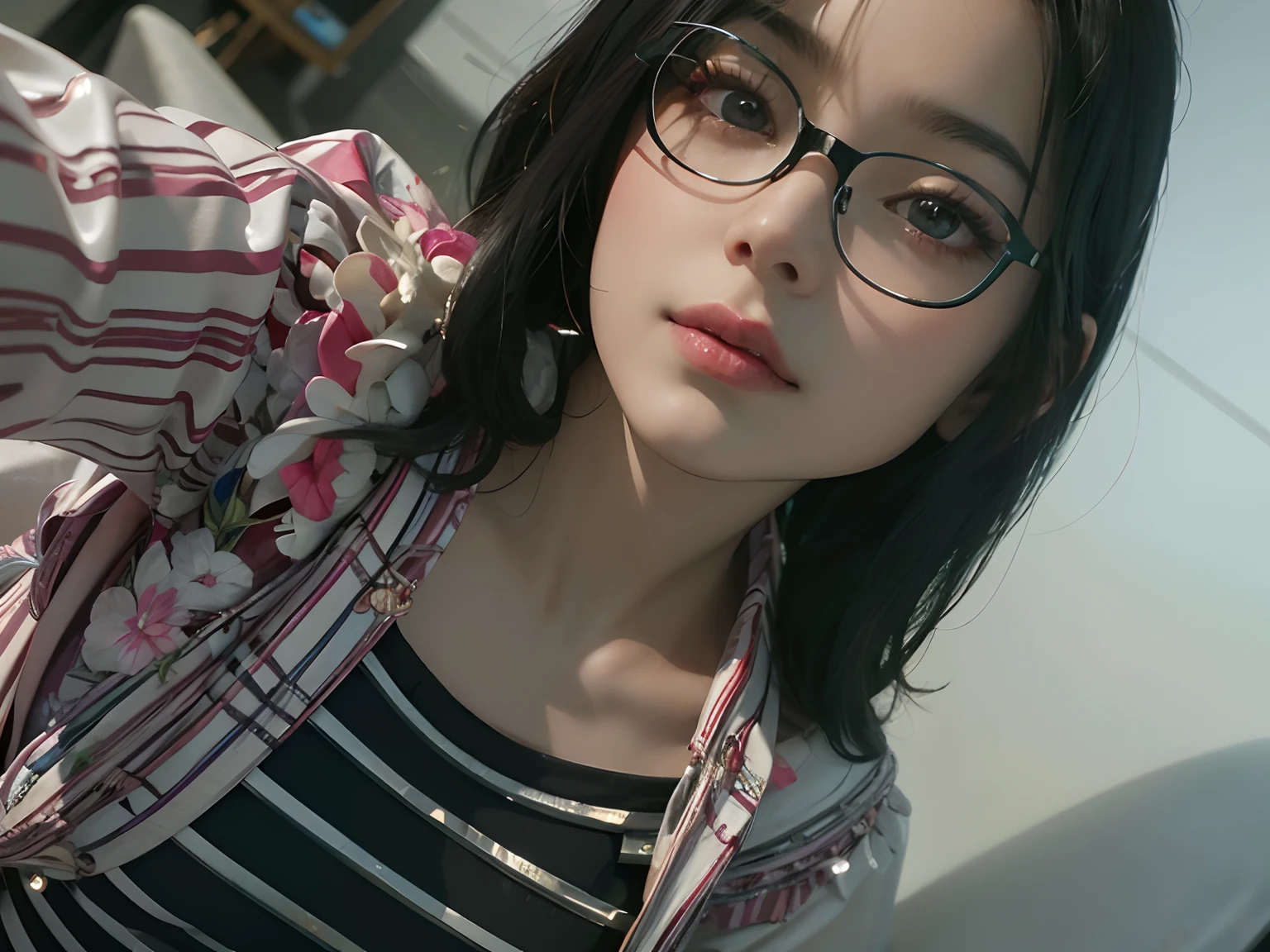 (8k, RAW photos, photorealistic: 1.25), ((((hairs of streaked black))))), (thin lip gloss, thin eyebrows, eyelashes, tear bags, snappy bangs, shiny face, shiny skin, best quality, ultra high resolution, depth of field, chromatic aberration, caustics, wide lighting, natural shading, Kpop idol), glasses, calm, long hair, smile, little devil, in the house
