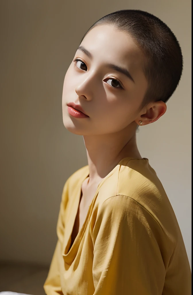 （Top image quality、top-quality、Top resolution、hyper realistic photography、Full body photo、​masterpiece、）1人の女性、Very beautiful face、Japan beauties、Asian Beauties、Super Berry Shorthair、very, Very short hair、Shaved head、Bald head、slippery head、Ridiculously short hair、Head Like a High School Ball Kid、Shorter hair than boys、short hair like a monk、skin head、black head、I shaved my black hair about 3 meters,,,,、Full of piercings、(top-quality、​masterpiece:1.2)、((From directly below))、without makeup、Very Wide Shot、Textured skin, Cinematic、Camera Viewpoint、sony a7,24mm lens shooting、F 1.8 Aperture、No retouching、Realistic raw photos、The skin texture is very detailed、without makeup、Background lighting is yellow、random background、The shirt、skirt by the、