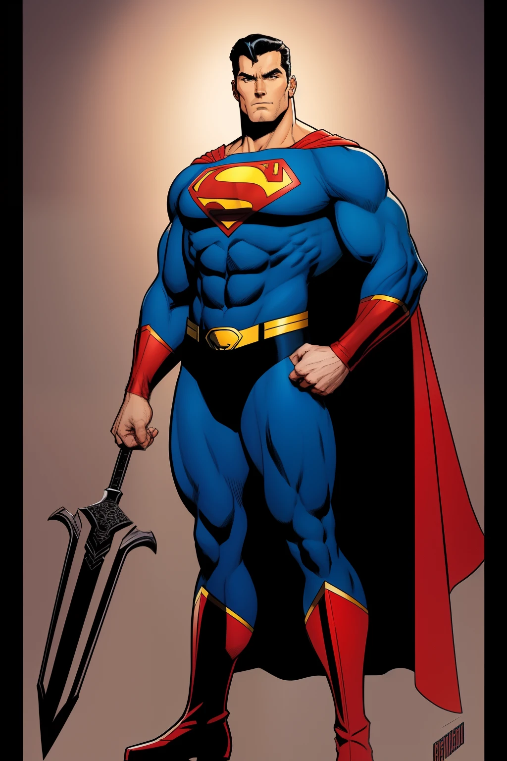 Arte similar Jonh Buscema,1homem,cabelos curtos,cabelos negros,olhos azuis, super hero, super realista, manly, roupas no estilo superman, serious look, postura heroica, 4K分辨率, , Sentido Superior, negros, Standing Imposing