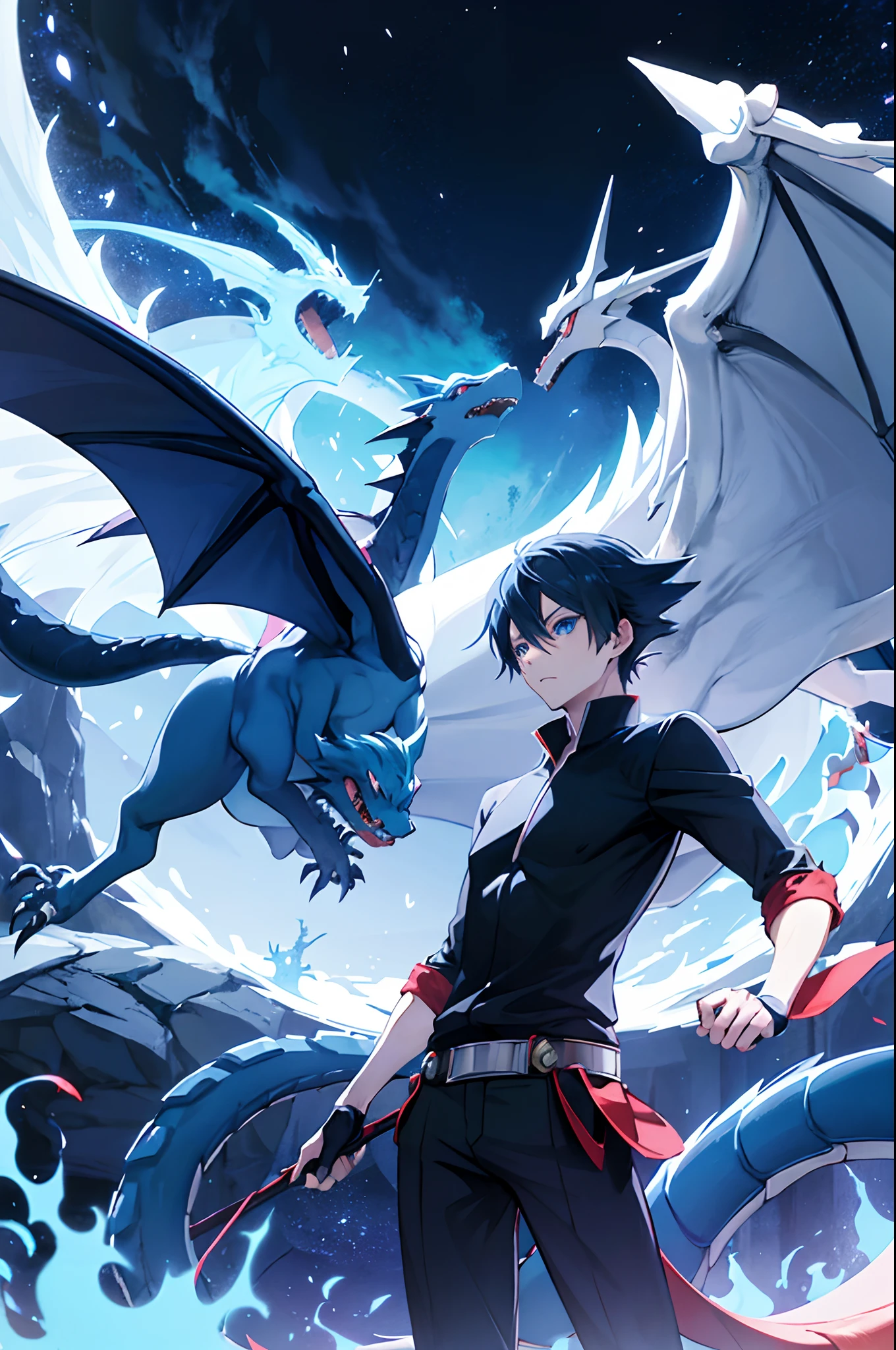 anime, a blue - eyed dragon with blue eyes and a black tail, a picture inspired by Kōno Michisei, tumblr, hurufiyya, charizard, charging through a dragons lair, blue fire powers, dialga the pokémon, similar to pokemon, charizard flying above new york, dragon in dragon lair, nighttime!, legendary dragon, blue dragon