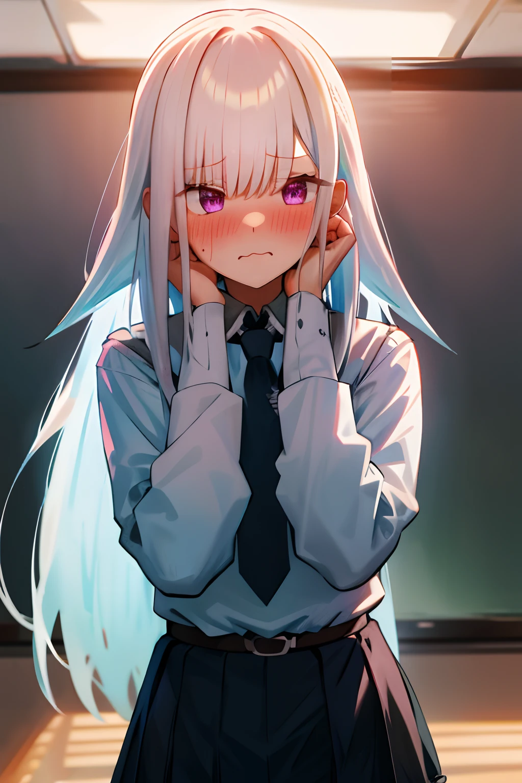 One girl with long hair, white hair, looking away, embarrassed, blushing, mouth small open, classroom, white tight shirt, mini black skirt, thigh , school uniform, necktie, hands on own face, ear blush, covering face, mature female, close up