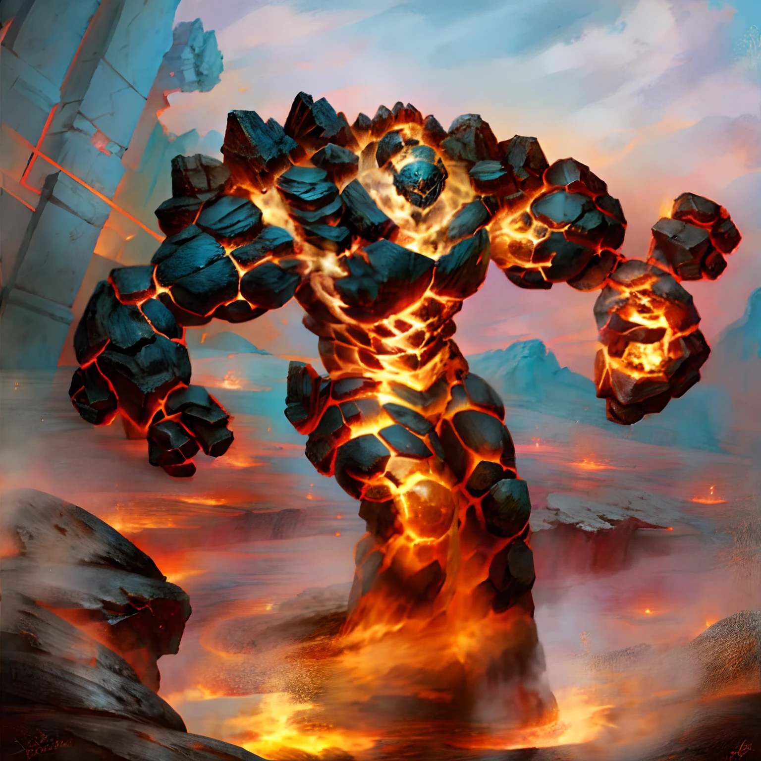 masutepiece, Best Quality, High persistence, Lava Water Golem, big arm, white backgrounid, full bodyesbian,