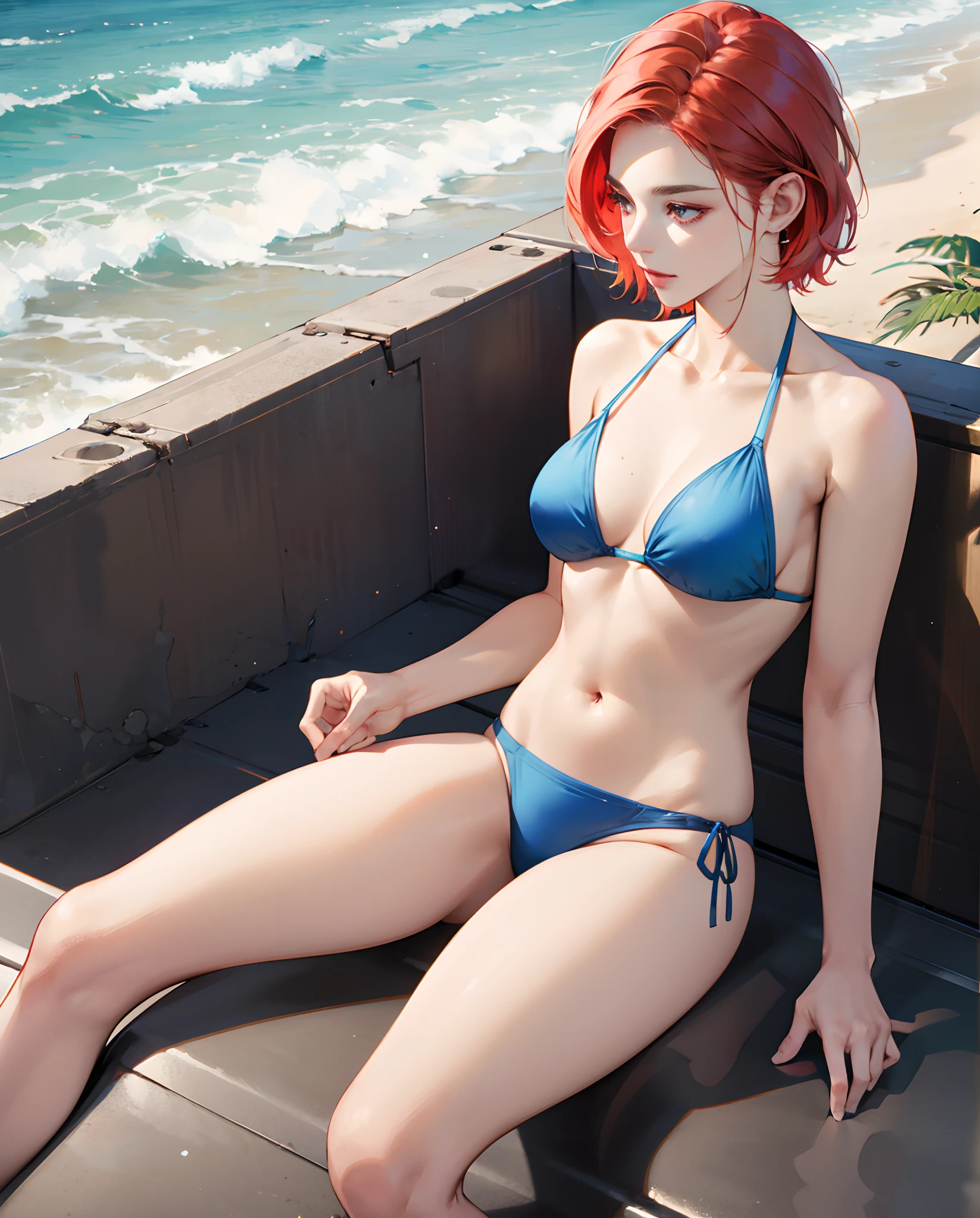 Hyper realistic woman in bikini sitting redhead woman with short hair