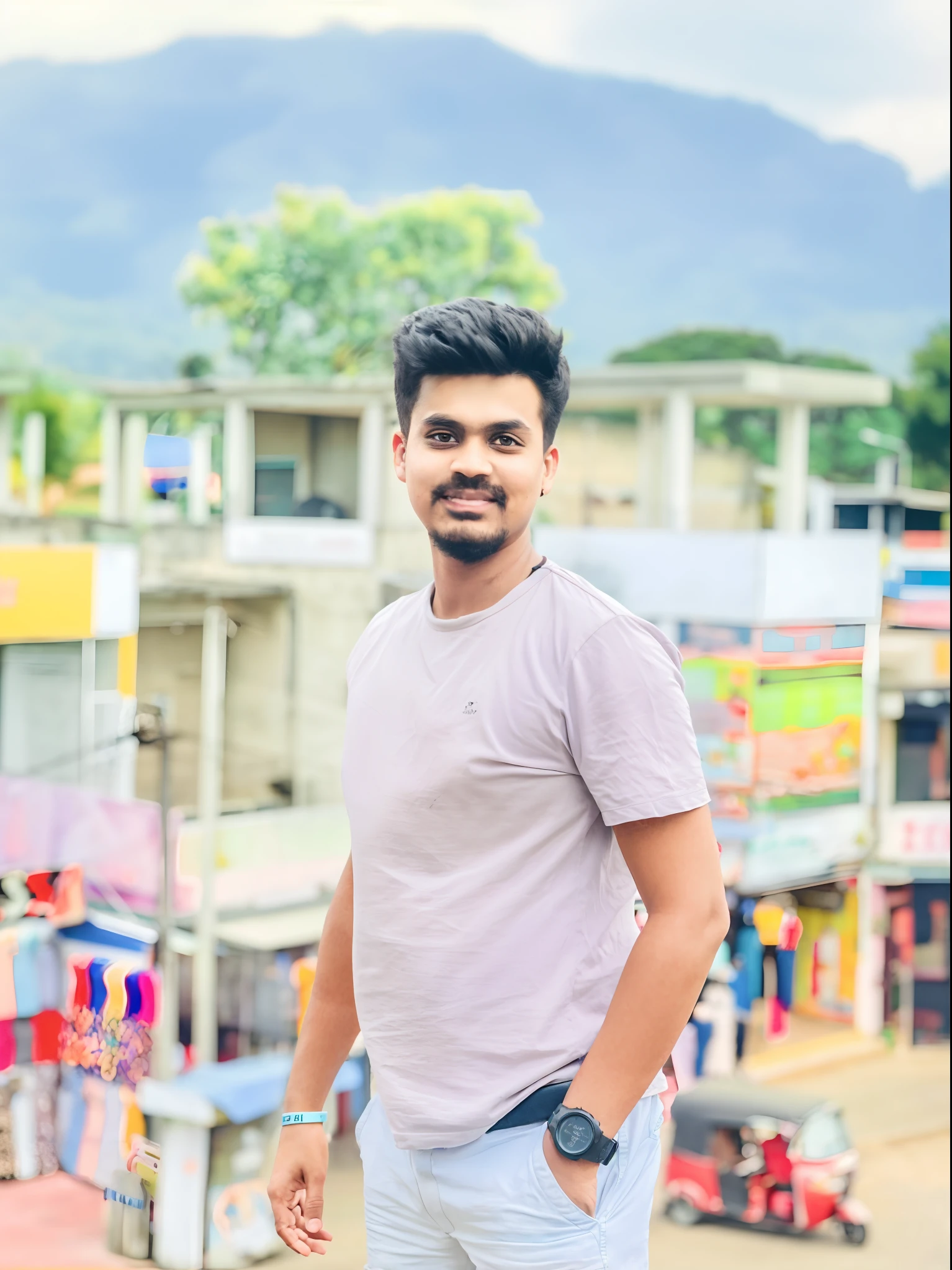 A boy, transformed into an anime style, with exaggerated unique facial features and clothing, standing on a bustling city street, backlit background highlighting the subject, high-contrast colors, 4K high-definition quality，young, smiling, handsome