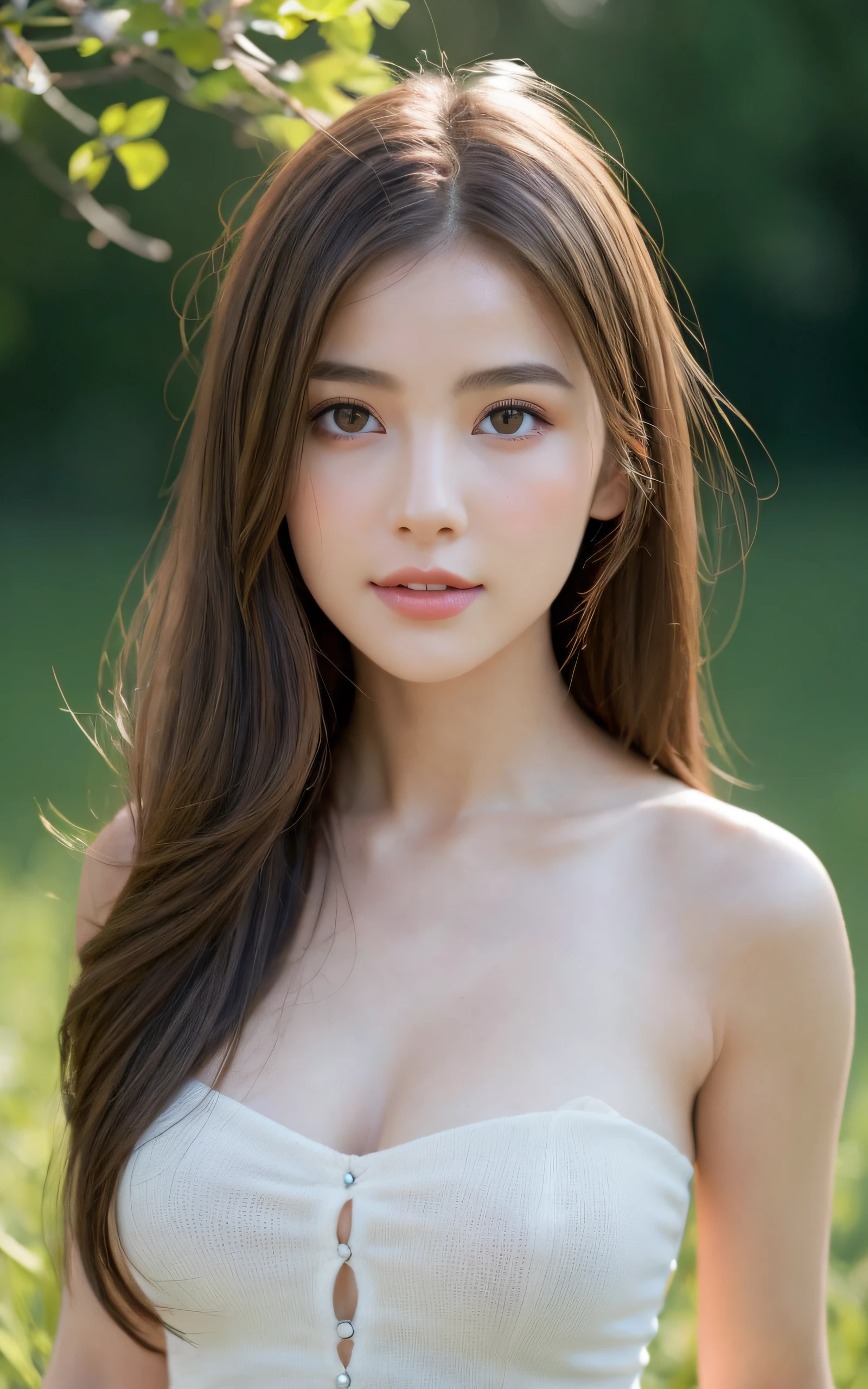 of the highest quality, Realistic, Perfect human body structure, Very detailed, Very delicate and beautiful, Raw photography, Wildflowers and enchanting meadows, Professional Lighting, Luminescent, depth of fields, Single focal length, ((Full body)), Smile, Brown hair, small head, Big breasts, , Beautiful eyes, Real Face, Realistic skin, Detailed eyes, (Fashionable hairstyle: 1.3), hposing Gravure Idol, absurderes、incredibly absurd res、Extremely fine,