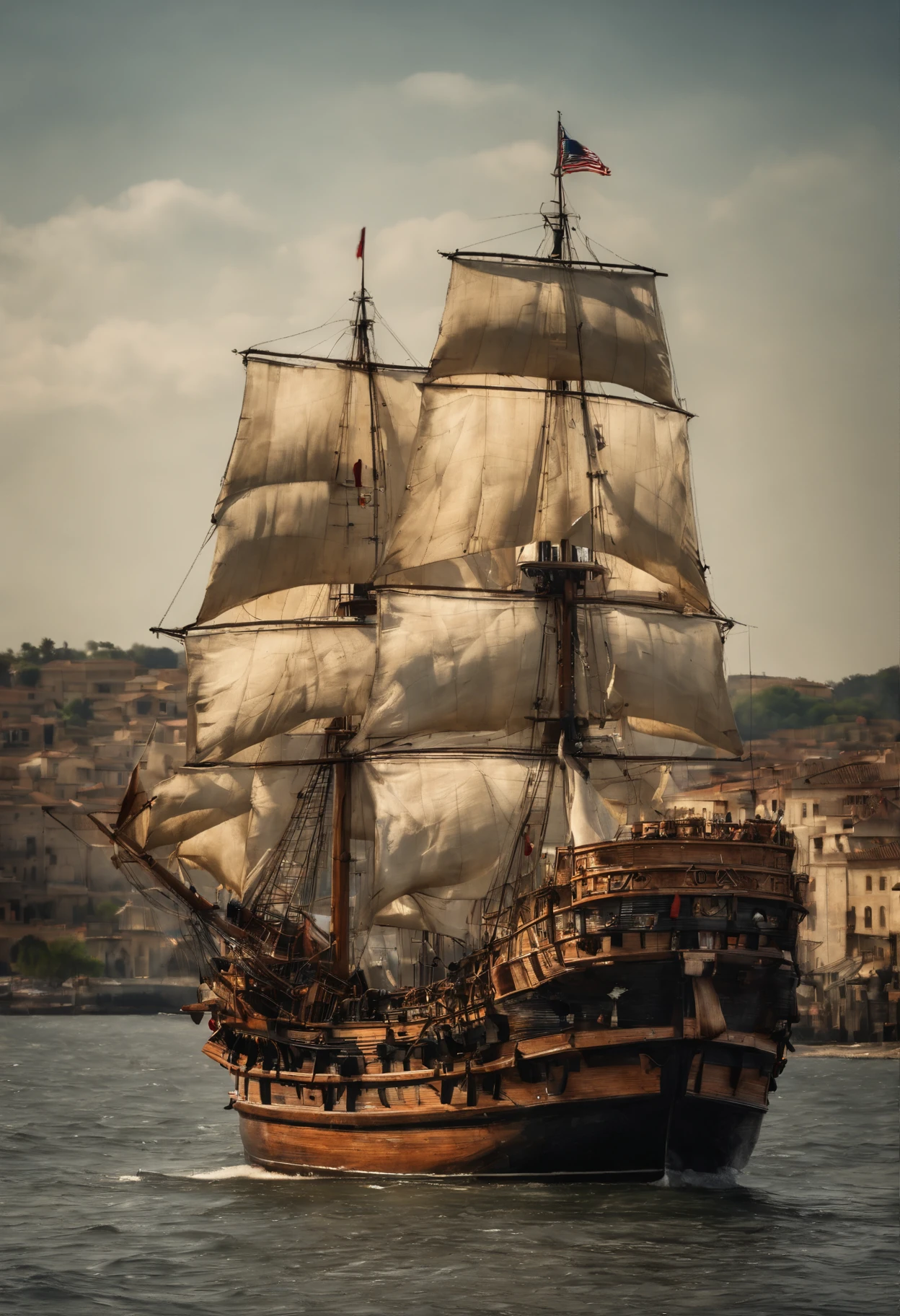 Best Quality, masuter piece, 超A high resolution, (Photorealistic:1.4), Raw photo, Professional Lighting, high-level image quality, high-detail, masterpiece、mare、mare、Sunnyday、Pirate Ship、Sail ships、view from front、blue-sky