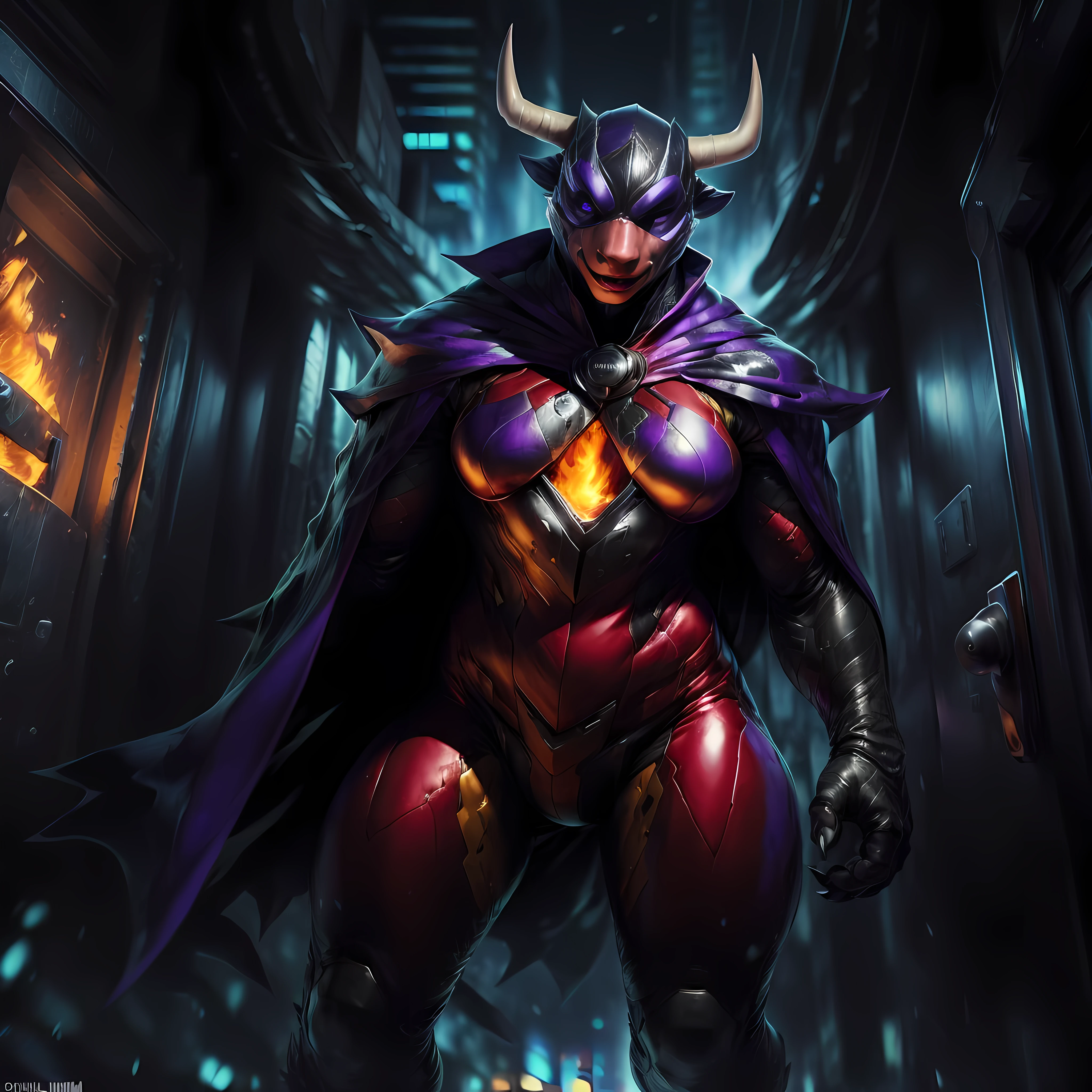 2d, masterpiece, best quality, 4k, 8k, ultra highres, raw photo in hdr, sharp focus, photo realism ,real life like, in a night city, detailed background, solo, (gloves, mask, red skin tight suit outft), sweat, (by null-ghost, by thebigslick, by darkgem, by honovy), large body cow anthro, female focus, perfect purple eyes, full body, cape, Standing, Villain, Bad Guy, Evil, smirk, crazy, claws, gigantic bulge, gigantic, crazy eyes, Breaking down door, room on fire, sexy tease, action pose,