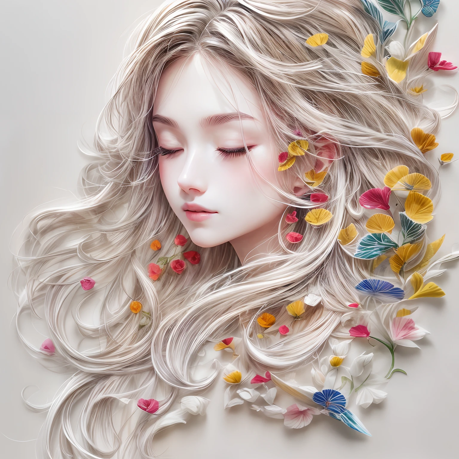 (White background:1.4),(Girl head portrait,With his eyes closed,colorfull long hair,Oriental elements),(Chinese illustration:1.3,paper art:1.3,Quilted paper art:1.2),(reasonable design,Clear lines,High clarity,The best quality,The is very detailed,tmasterpiece,movie light effect,4K)