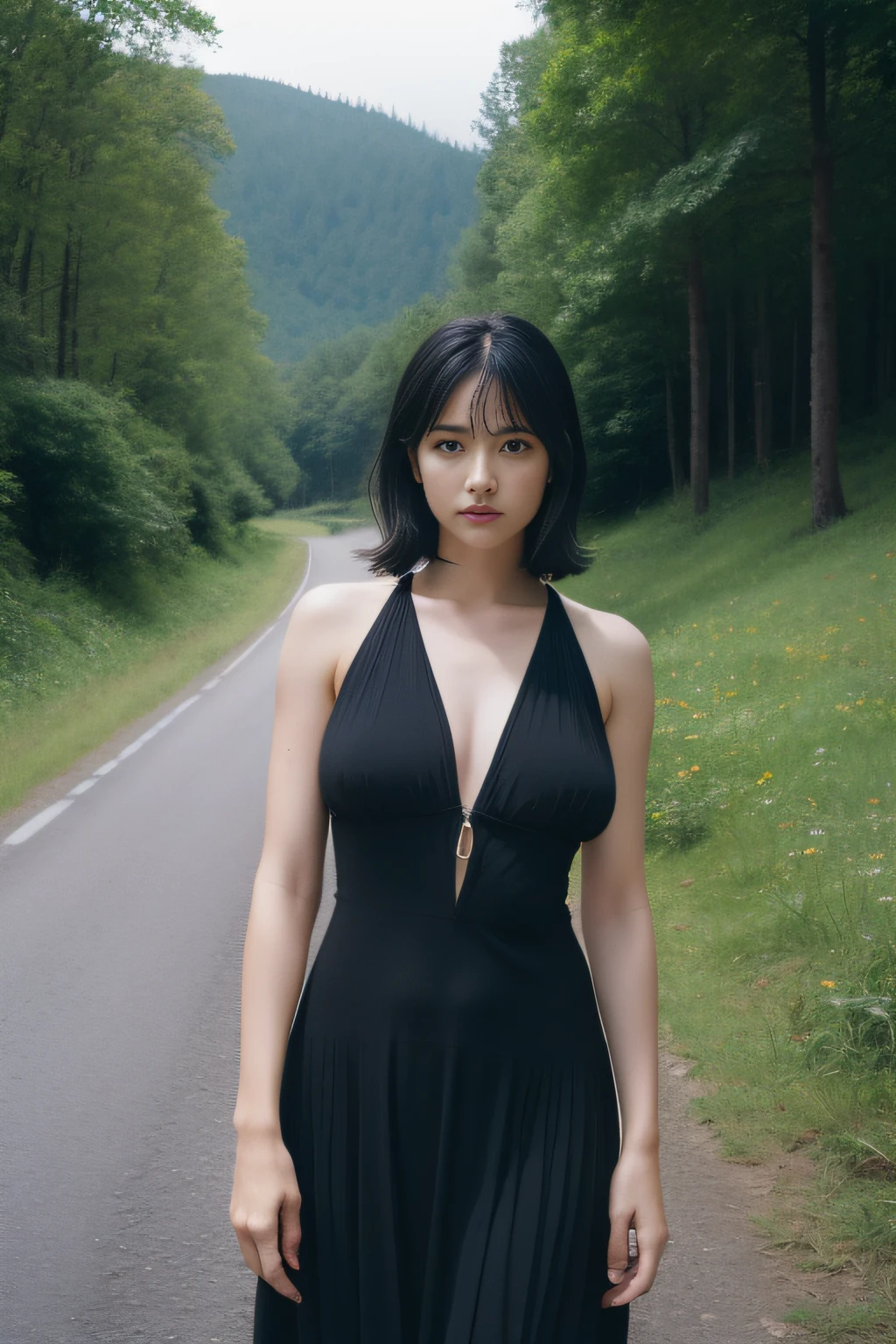(masterpiece、high-level image quality、hightquality),up skirt,One Woman,Standing,Large breasts,Whole body,(Beautiful face:1.3,A detailed face、Double eyelids,I'm struggling),The Road of Anguish and Despair,Bob Hair,Black hair,Black eyes,plein air,masutepiece, extremely fine and beautiful,Photorealistic,gravure,Adult Woman,Japanese,(perfect anatomia、Beautiful limbs),Path of Darkness、Getting lost、murky、Unknown mountain road、mont、Artistic darkness background、