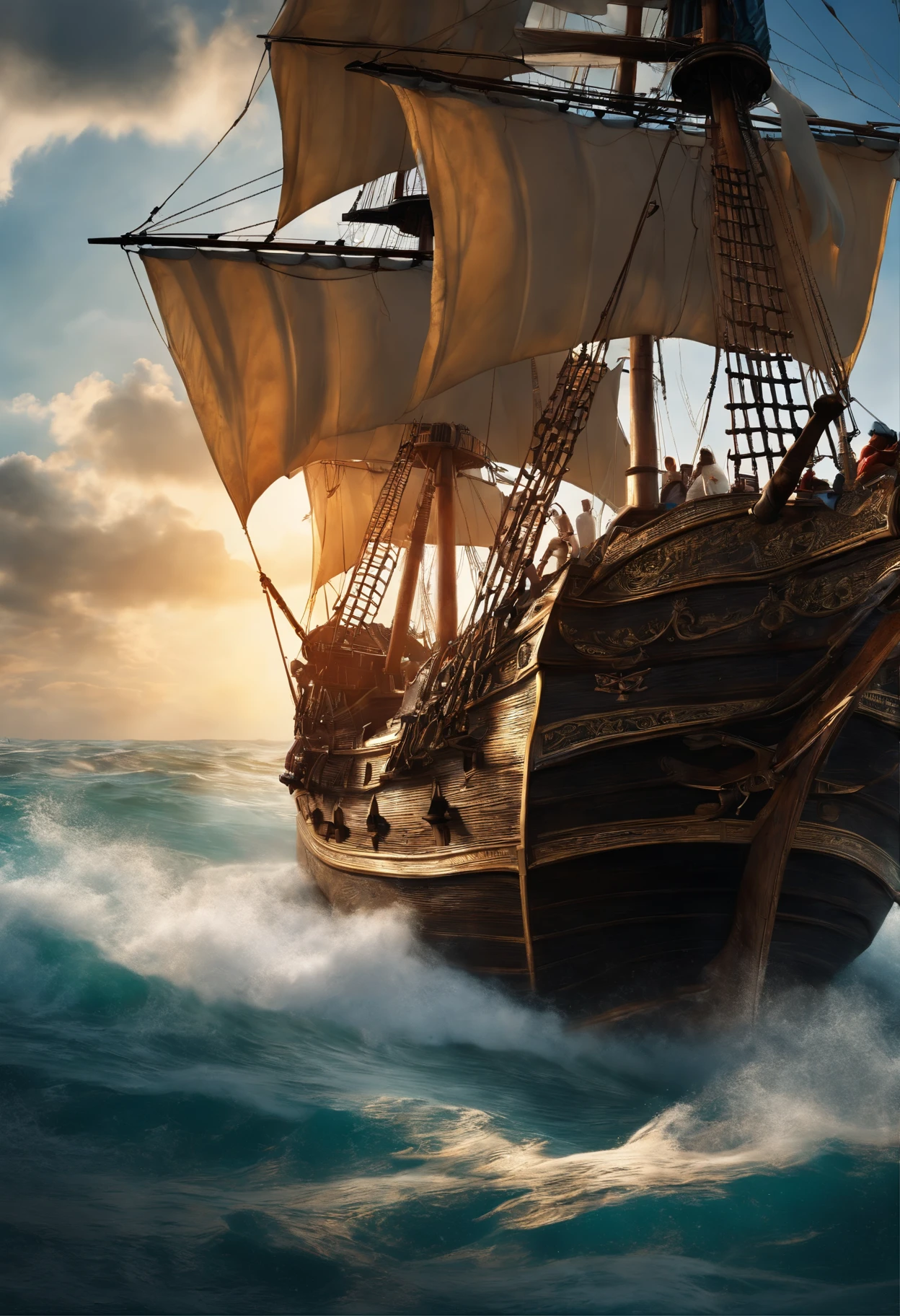 Best Quality, masuter piece, 超A high resolution, (Photorealistic:1.4), Raw photo, Professional Lighting, high-level image quality, high-detail, masterpiece、mare、mare、Sunnyday、Pirate Ship、Sail ships、view from front、blue-sky