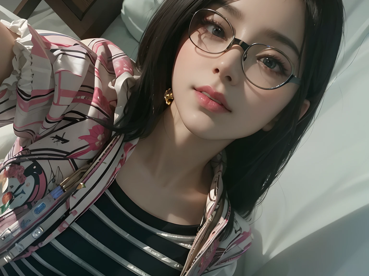 1girll,(enchanced quality:1.4),(Top quality true texture skin), Delicate face,Black hair, Gradient hair, Petite body,(perfect bodies:1.1), There are precious stones on the forehead, rimless eyewears, Sparkling pupils,long eyelasher,grin, hyper photorealism, Cinematic lighting, projected inset, surrealism, hyper HD, Masterpiece, 16k,Lie down,dream on,Wear transparent silk pajamas,Carmelto,Legs slightly open,Tattooed with,Fantasy space,Luxurious space