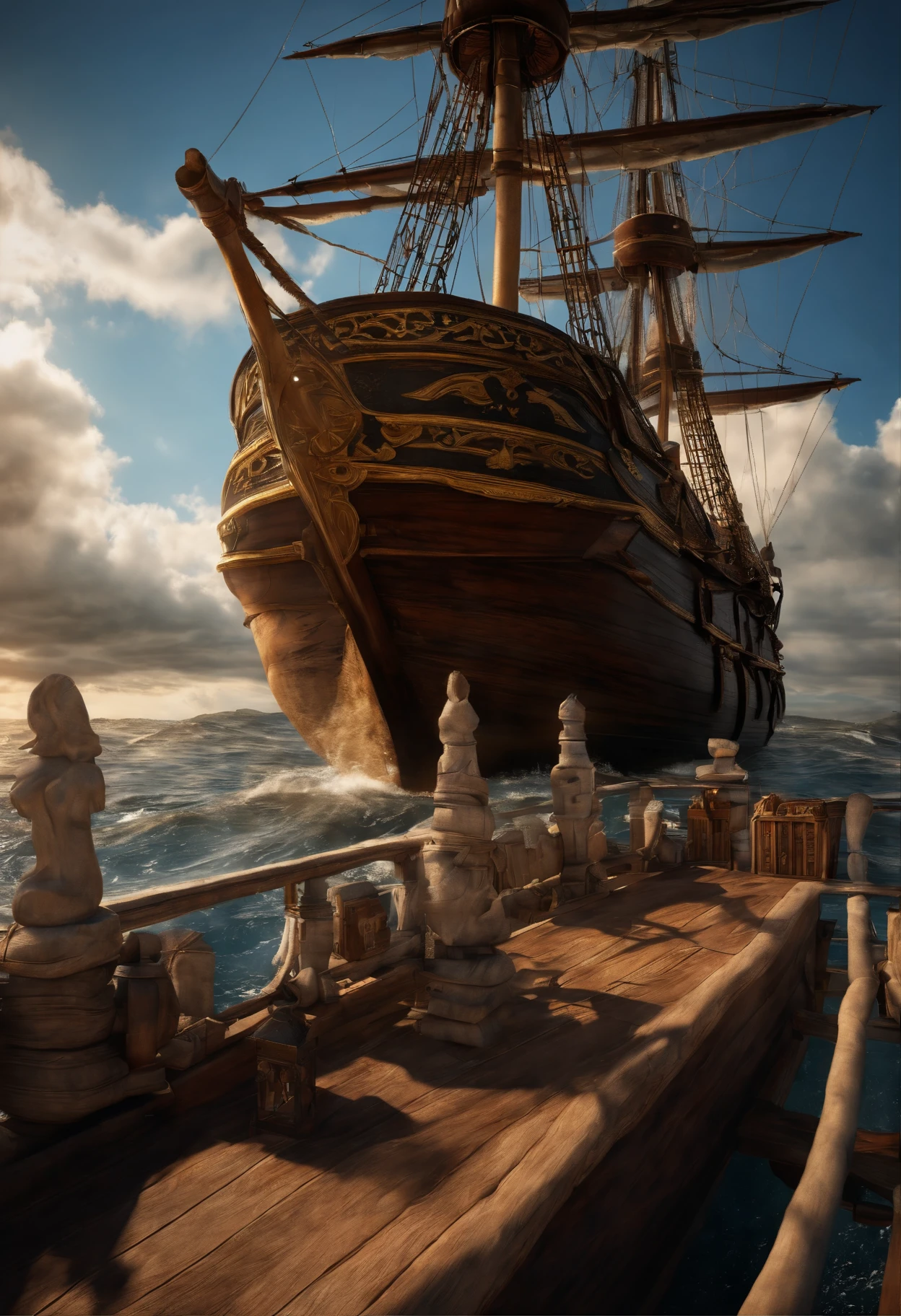 Best Quality, masuter piece, 超A high resolution, (Photorealistic:1.4), Raw photo, Professional Lighting, high-level image quality, high-detail, masterpiece、mare、mare、Sunnyday、Pirate Ship、Sail ships、view from front、blue-sky