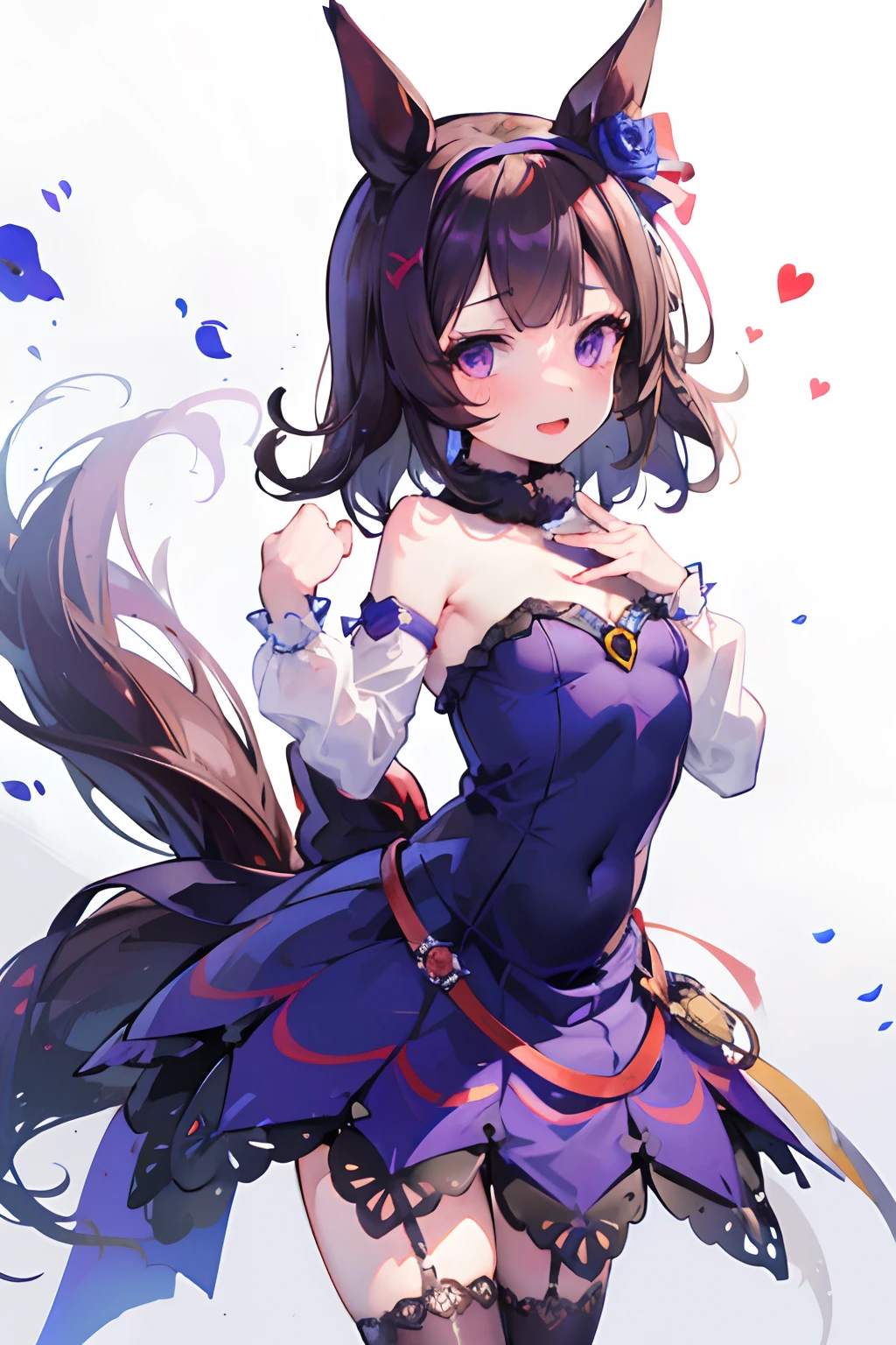 NSFW,bared  chest,Revealing clothes,Uma Musume's Nishino Flower,Uma Musume,Nishino flower,Marl,shorth hair,Red headband,Beautiful purple eyes,Black dress,frilld,Blue roses,bow ribbon,small tits,Lori,cute little,Curvaceous,Smile with open mouth,red blush,Shy face,Top image quality,Best Quality,Masterpiece