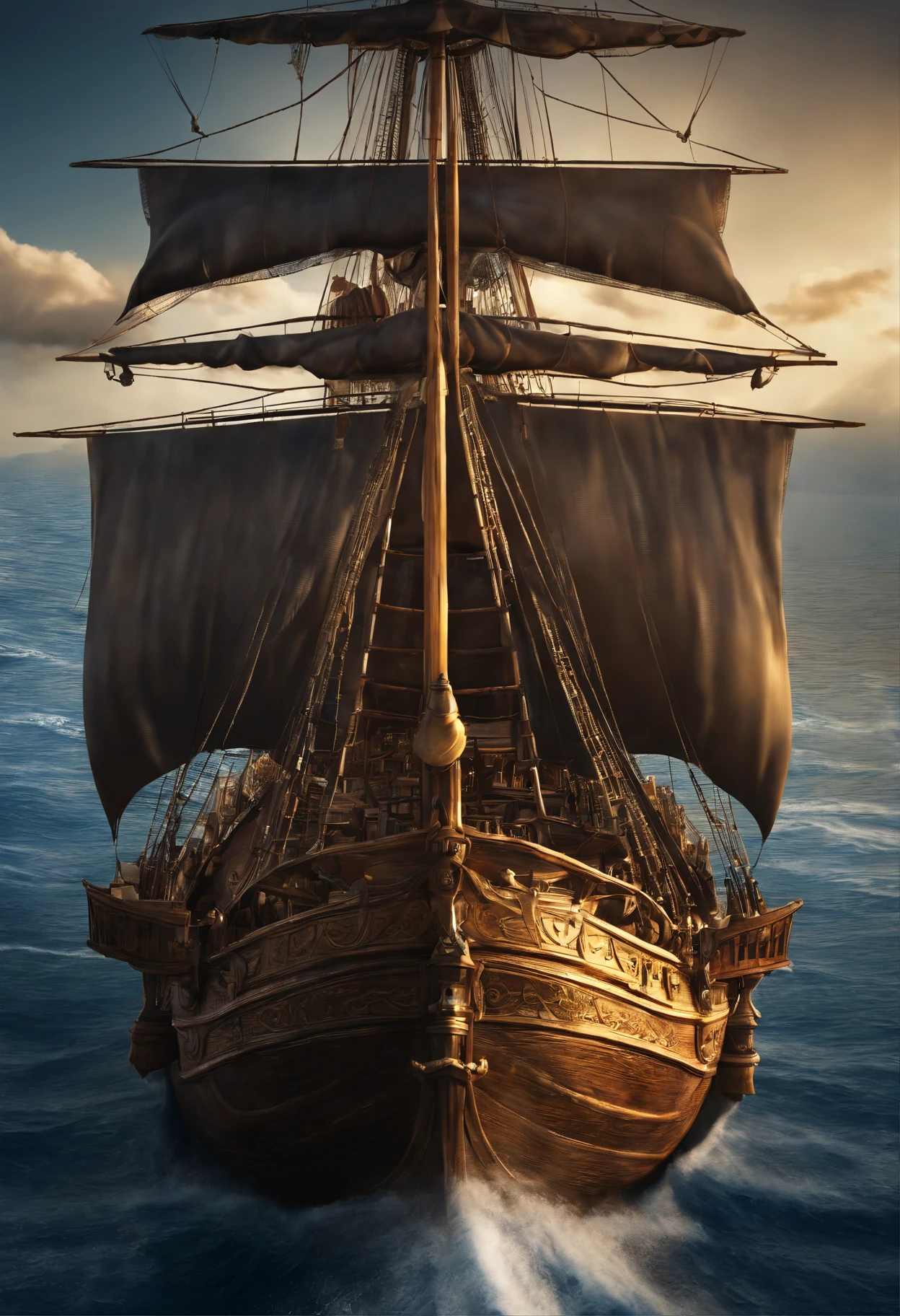 Best Quality, masuter piece, 超A high resolution, (Photorealistic:1.4), Raw photo, Professional Lighting, high-level image quality, high-detail, masterpiece、mare、mare、Sunnyday、Pirate Ship、Sail ships、view from front、blue-sky